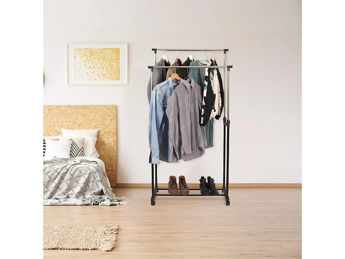 Portant Double sur Roulettes Hauteur Réglable Noir et Chrome - NEHO