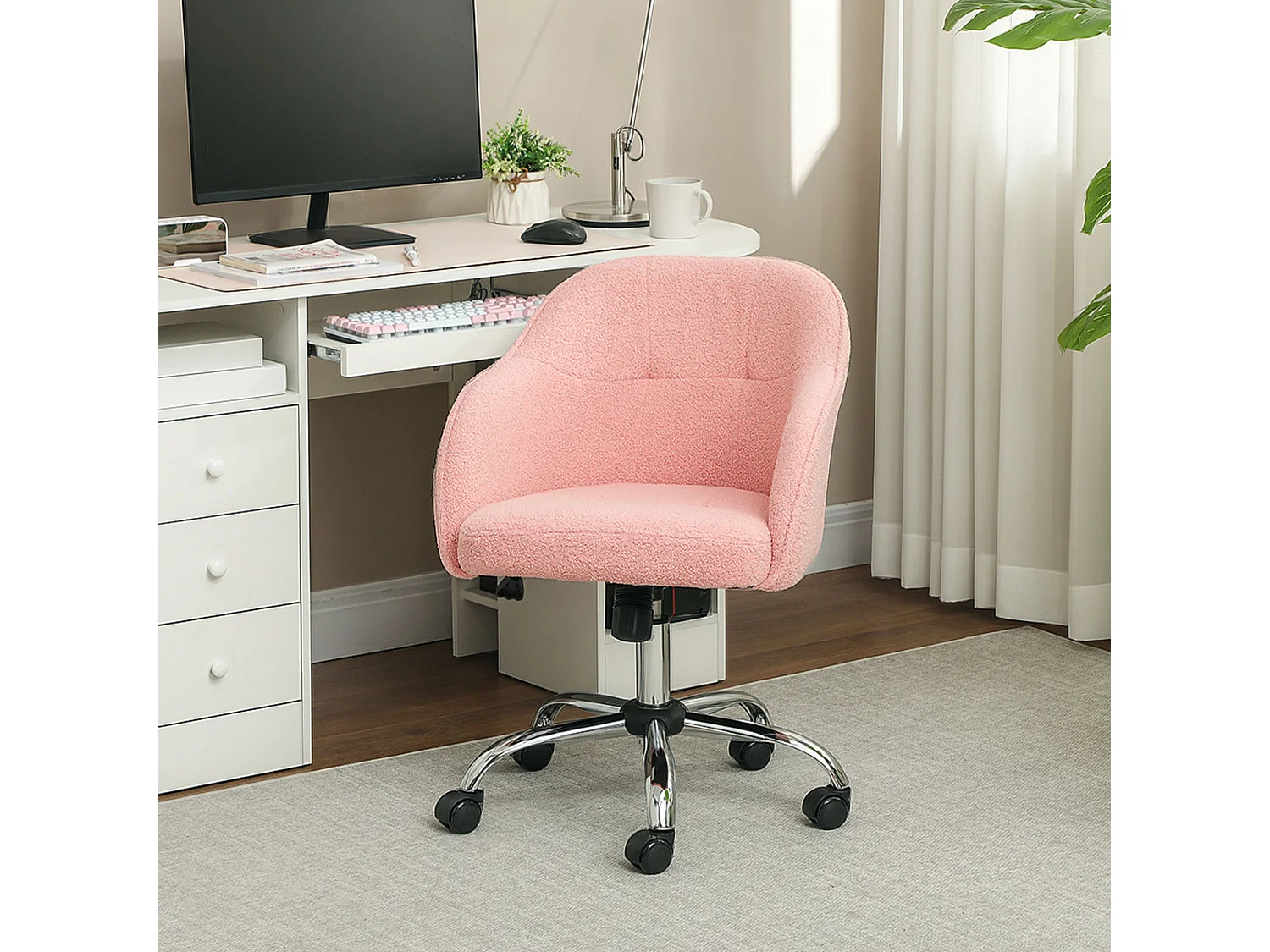 Chaise de bureau tissu bouclette design hauteur réglable pivotante piètement acier rose