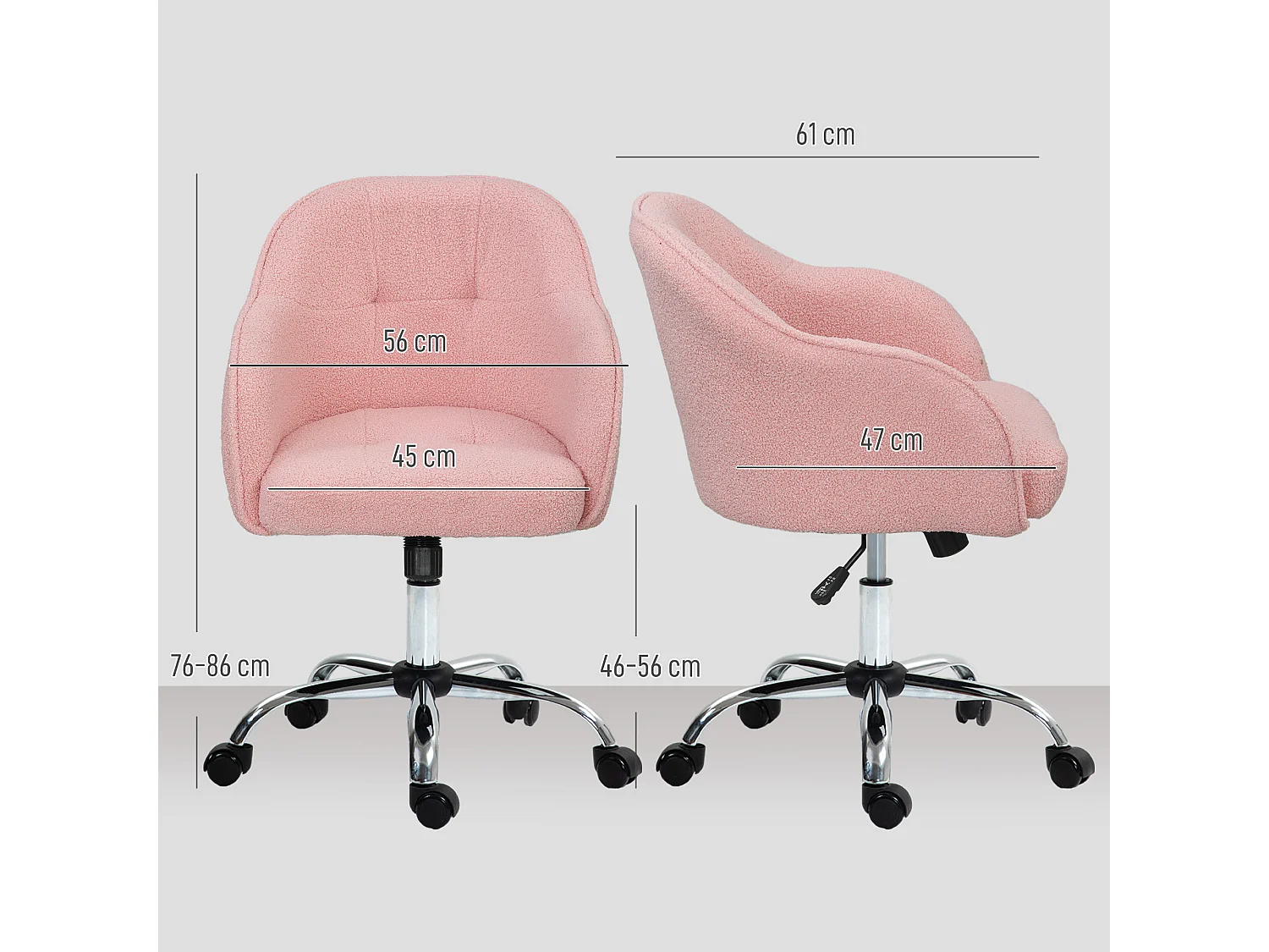 Chaise de bureau tissu bouclette design hauteur réglable pivotante piètement acier rose