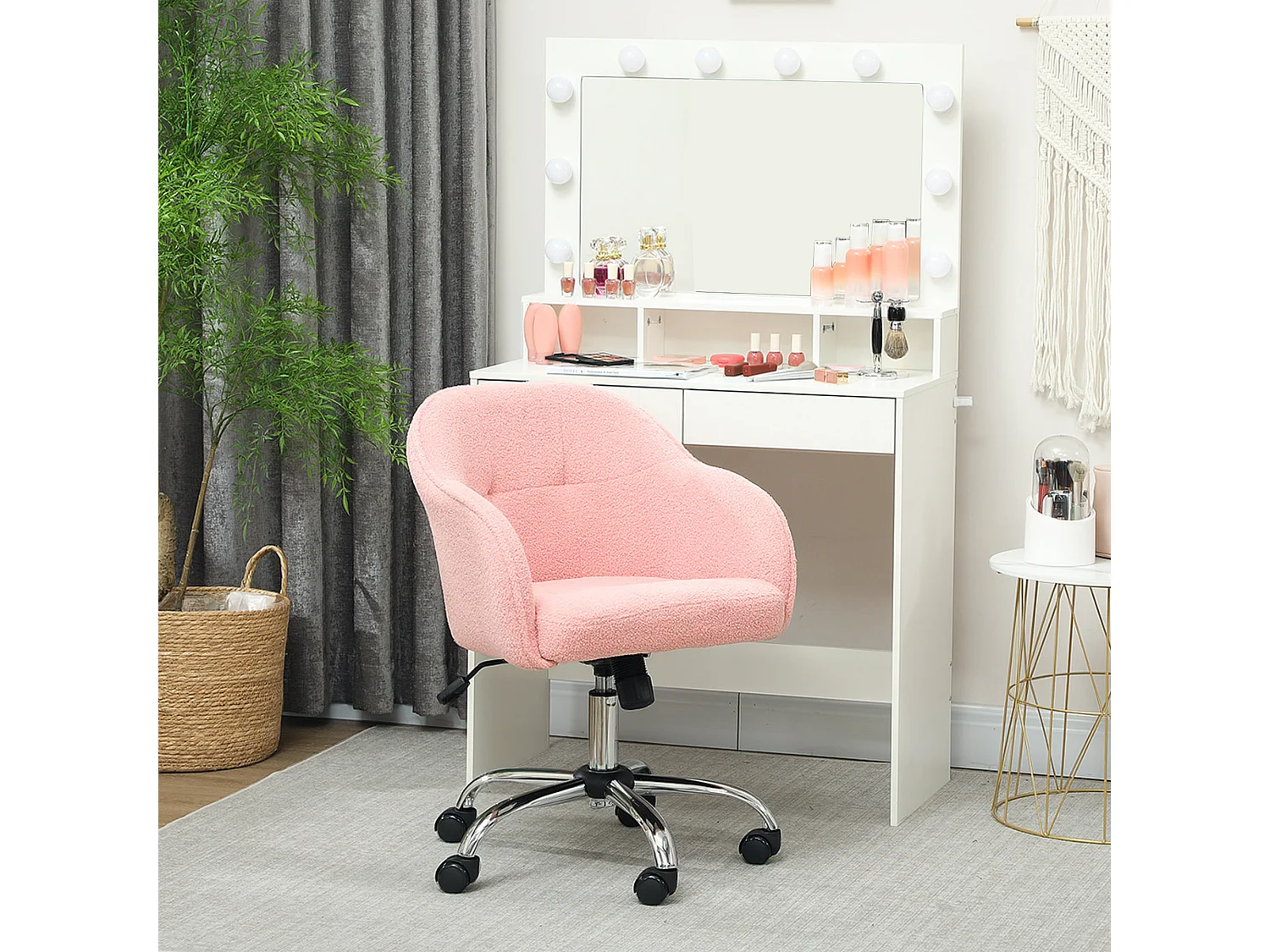 Chaise de bureau tissu bouclette design hauteur réglable pivotante piètement acier rose