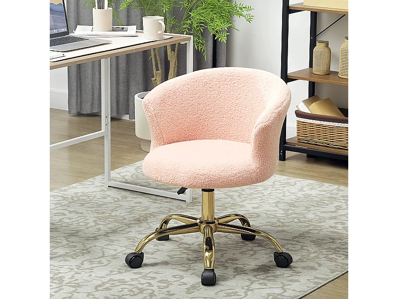 Chaise de bureau design effet courte laine bouclée piètement métal doré rose