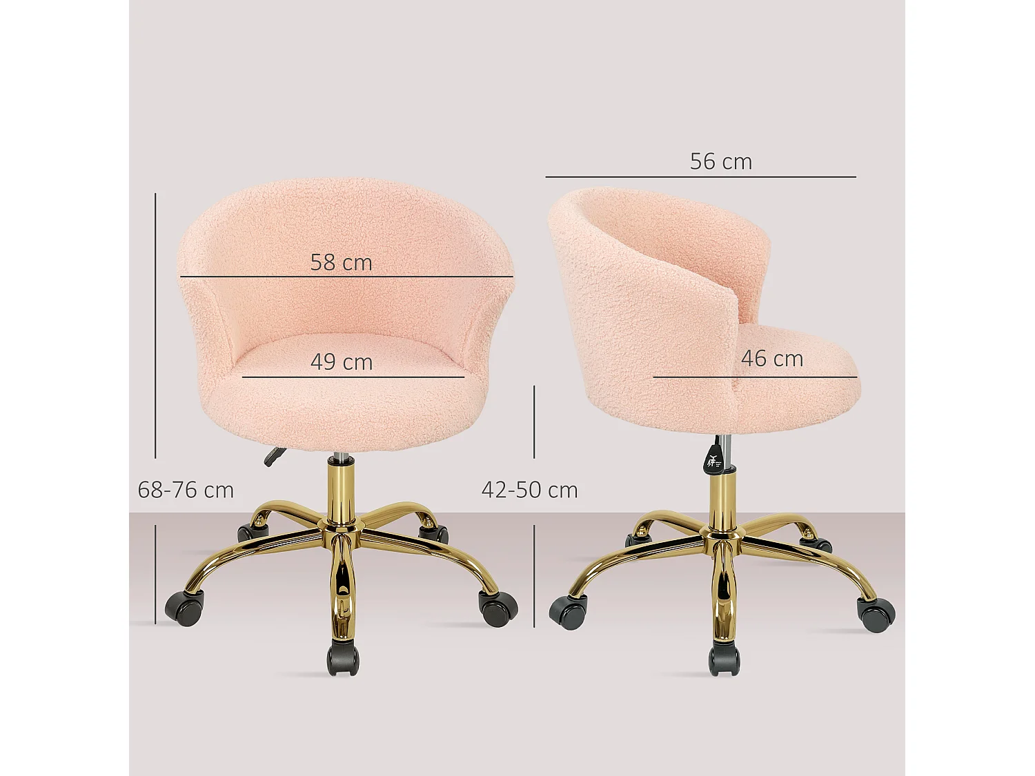 Chaise de bureau design effet courte laine bouclée piètement métal doré rose