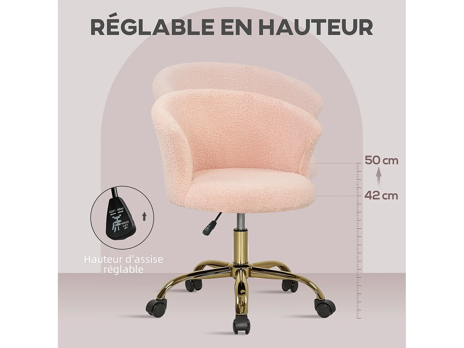 Chaise de bureau design effet courte laine bouclée piètement métal doré rose
