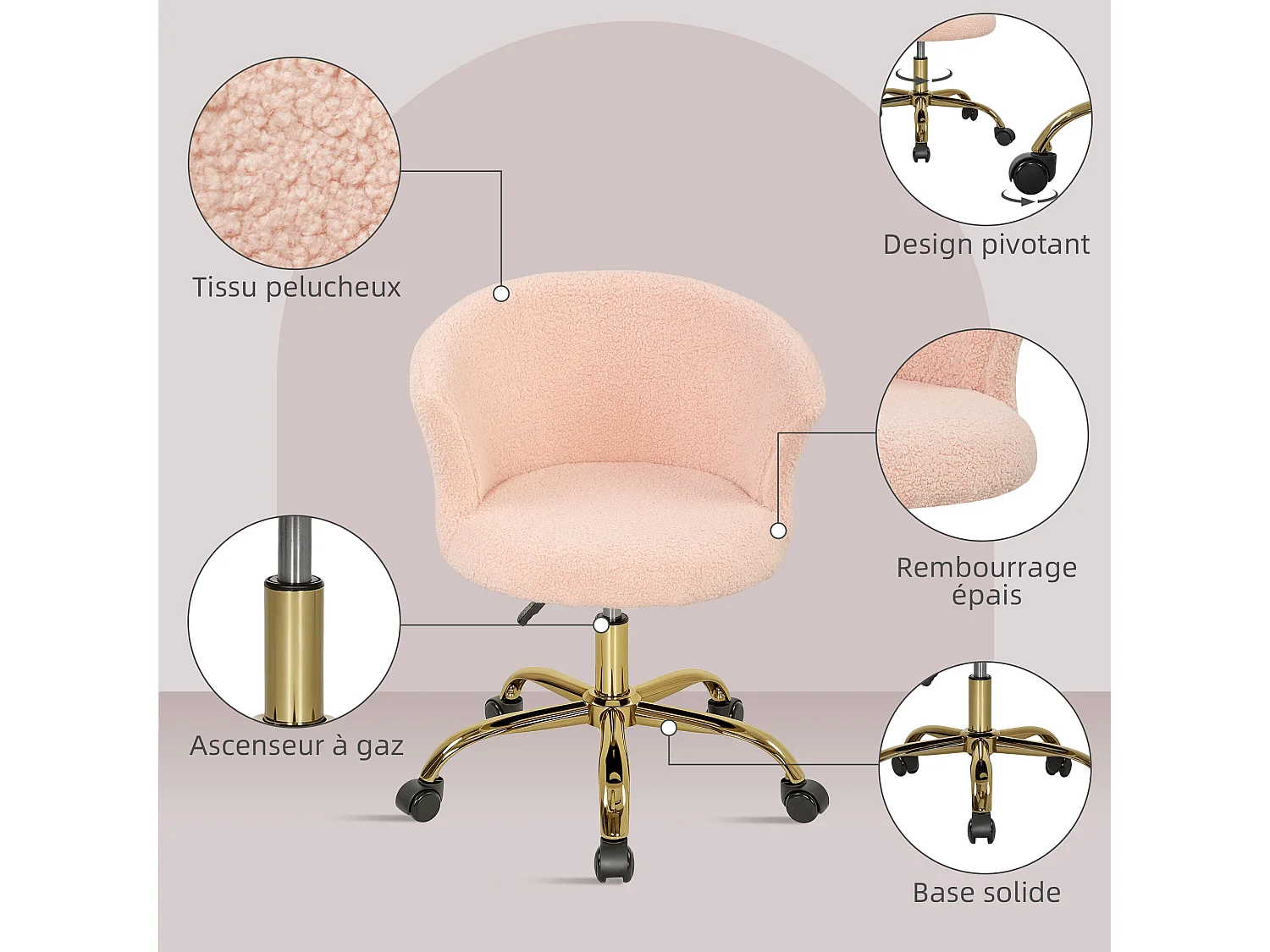 Chaise de bureau design effet courte laine bouclée piètement métal doré rose