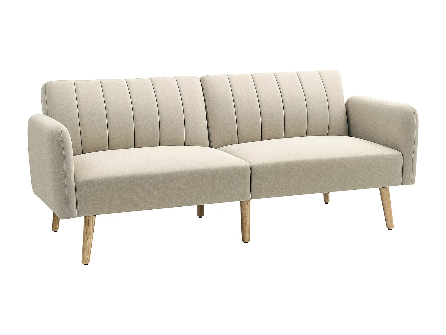 Canapé convertible 2 places design scandinave dossier inclinable 3 positions pieds bois tissu aspect lin beige