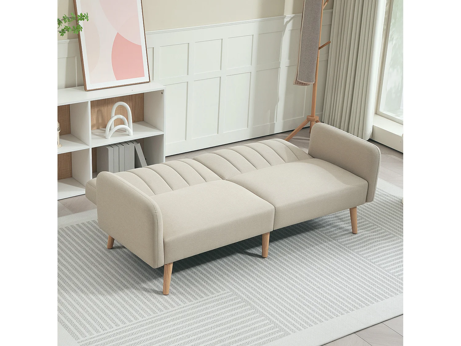Canapé convertible 2 places design scandinave dossier inclinable 3 positions pieds bois tissu aspect lin beige