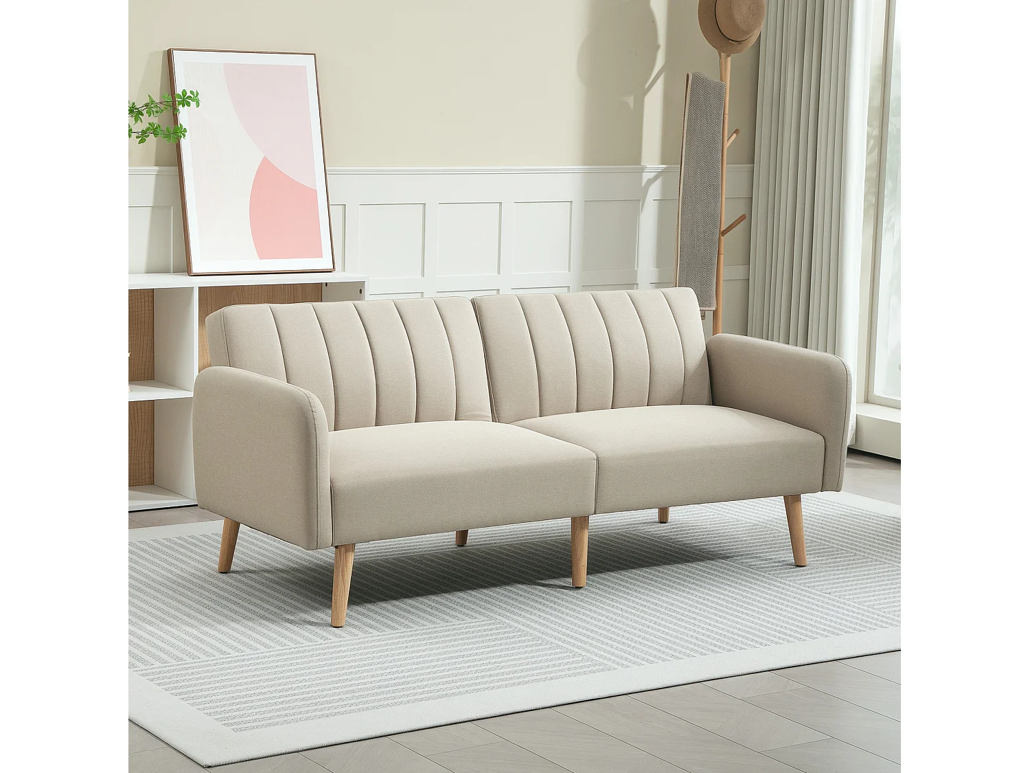 Canapé convertible 2 places design scandinave dossier inclinable 3 positions pieds bois tissu aspect lin beige