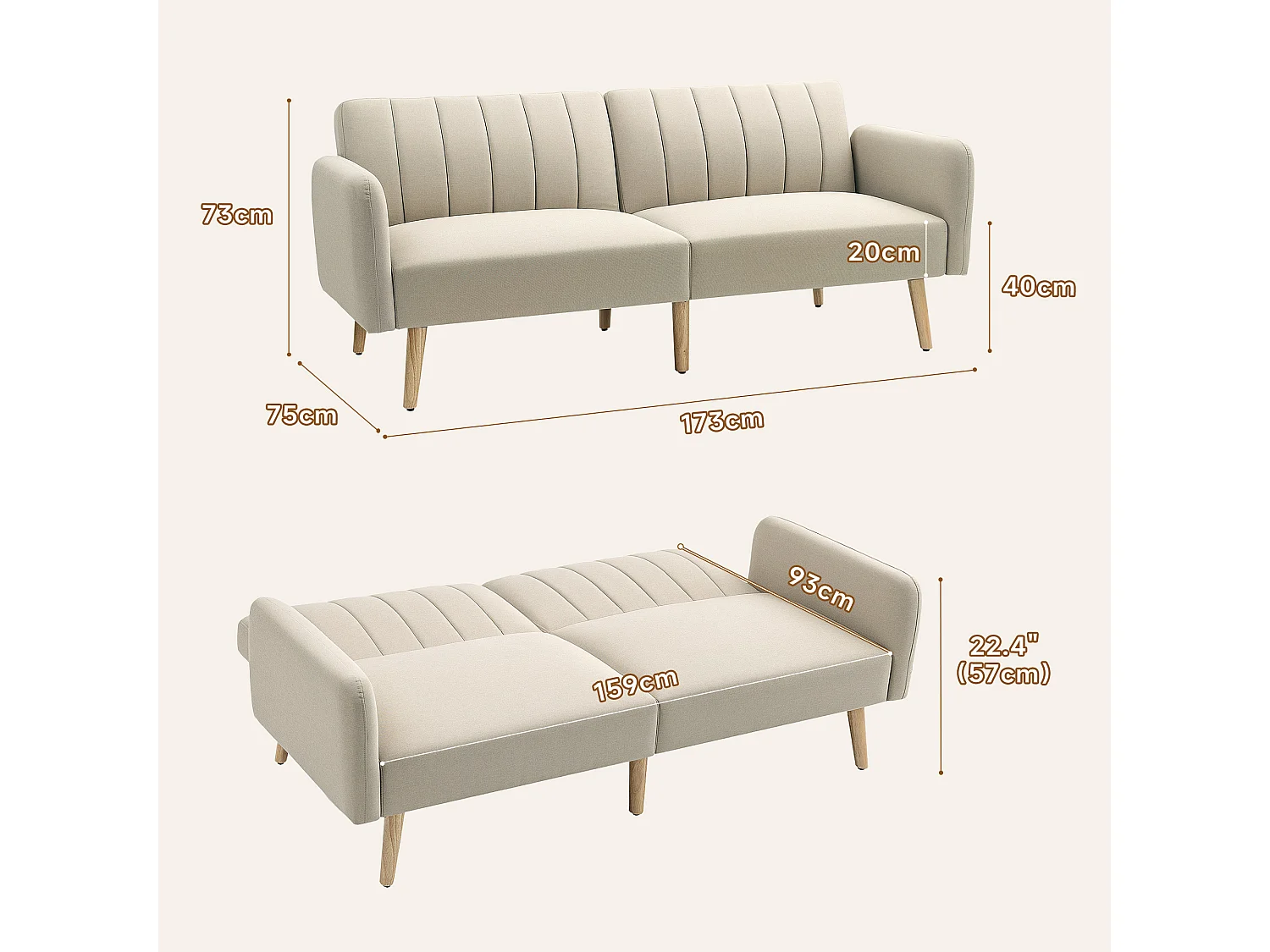 Canapé convertible 2 places design scandinave dossier inclinable 3 positions pieds bois tissu aspect lin beige