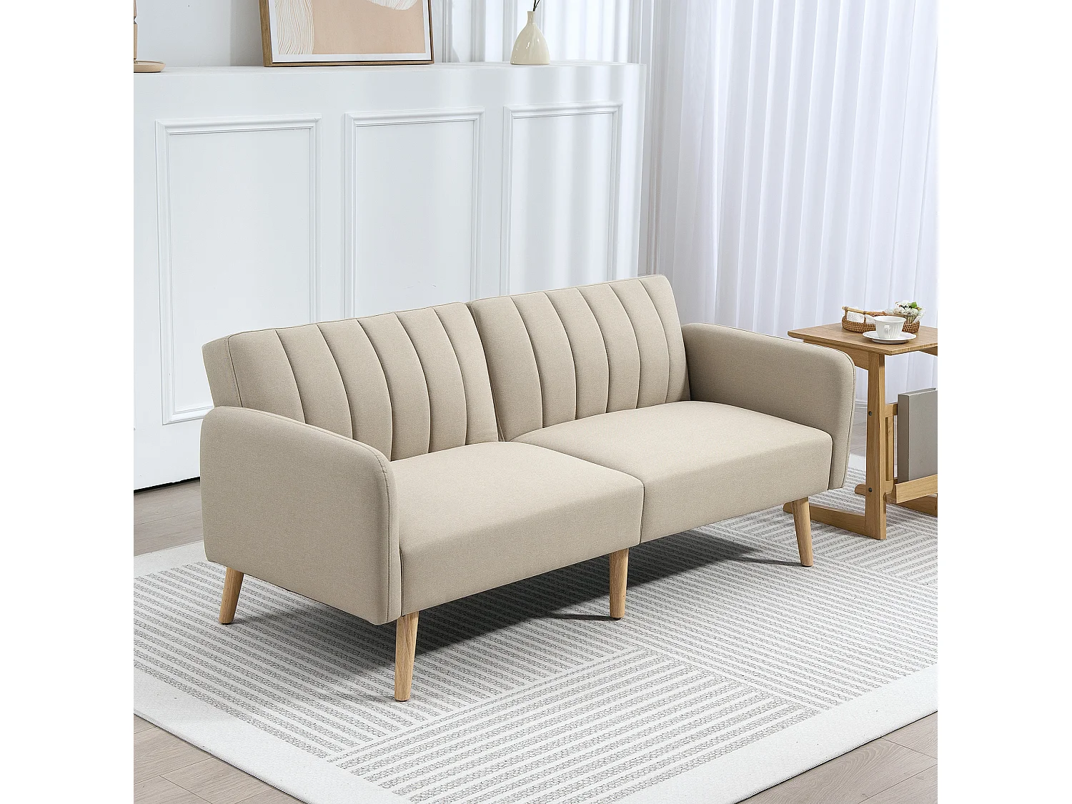 Canapé convertible 2 places design scandinave dossier inclinable 3 positions pieds bois tissu aspect lin beige