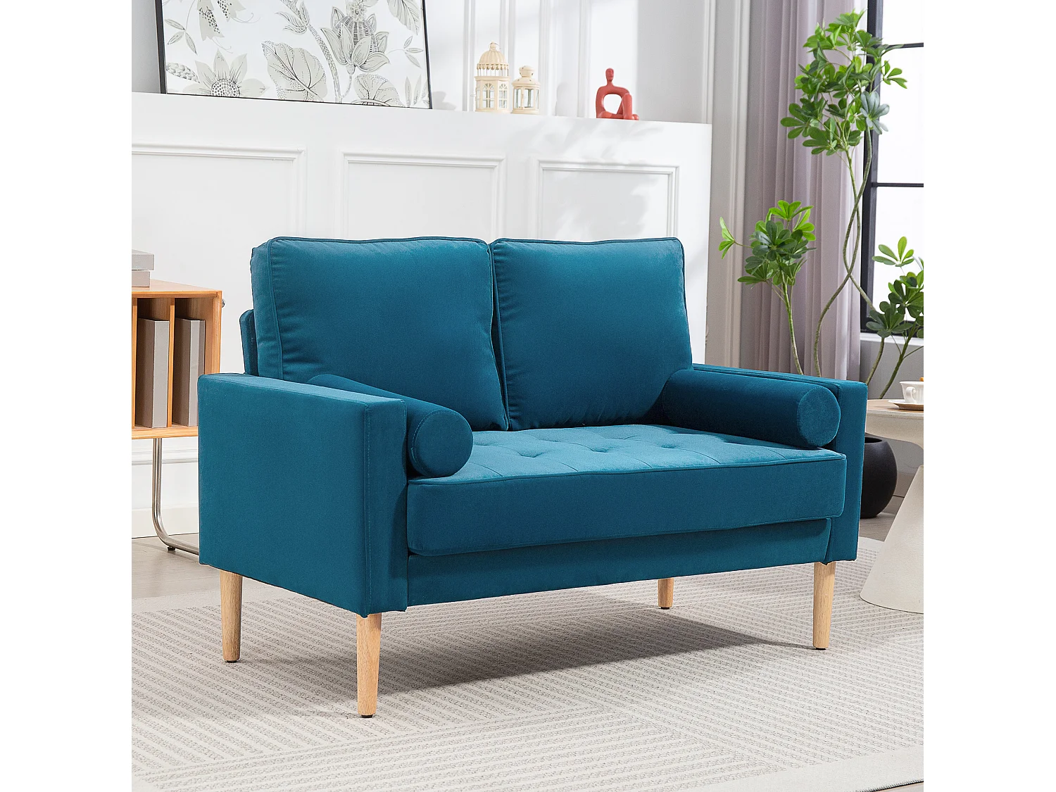 Canapé scandinave 2 places en tissu bleu canard et bois clair