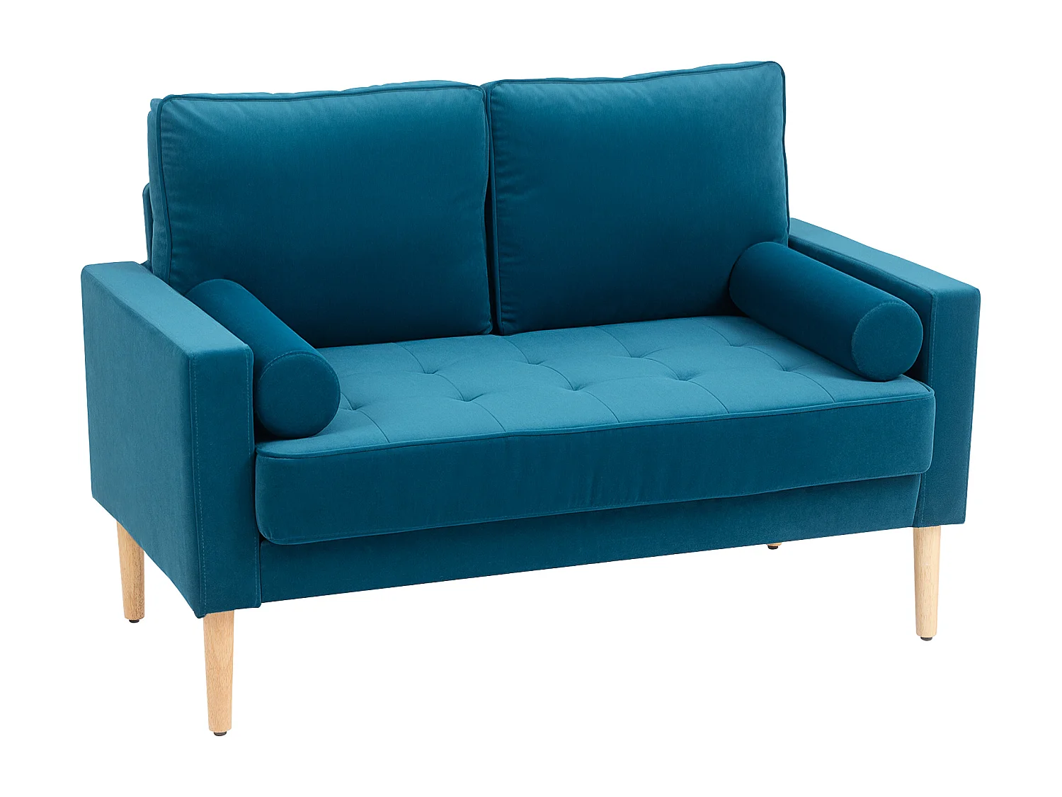 Canapé scandinave 2 places en tissu bleu canard et bois clair