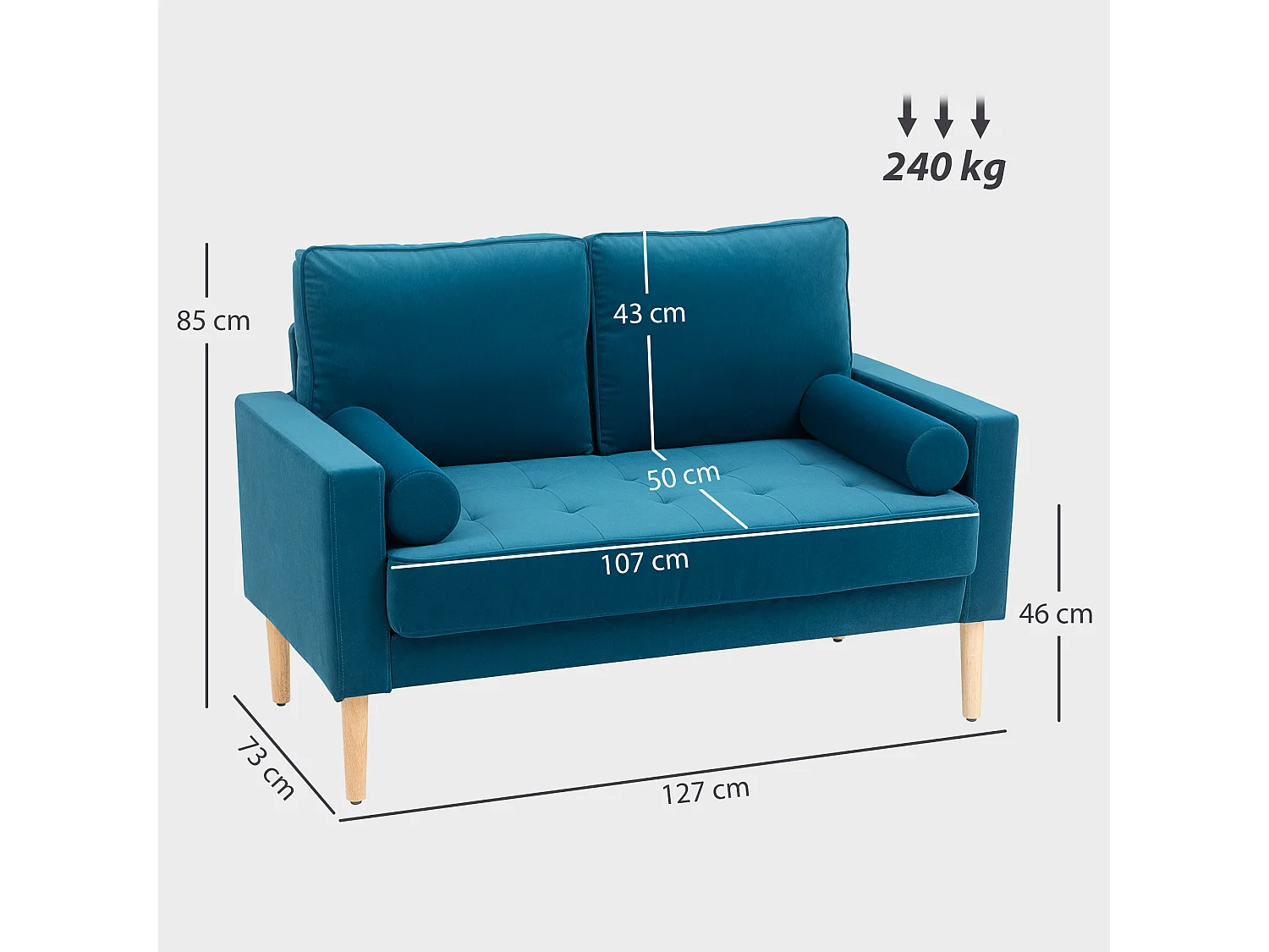 Canapé scandinave 2 places en tissu bleu canard et bois clair