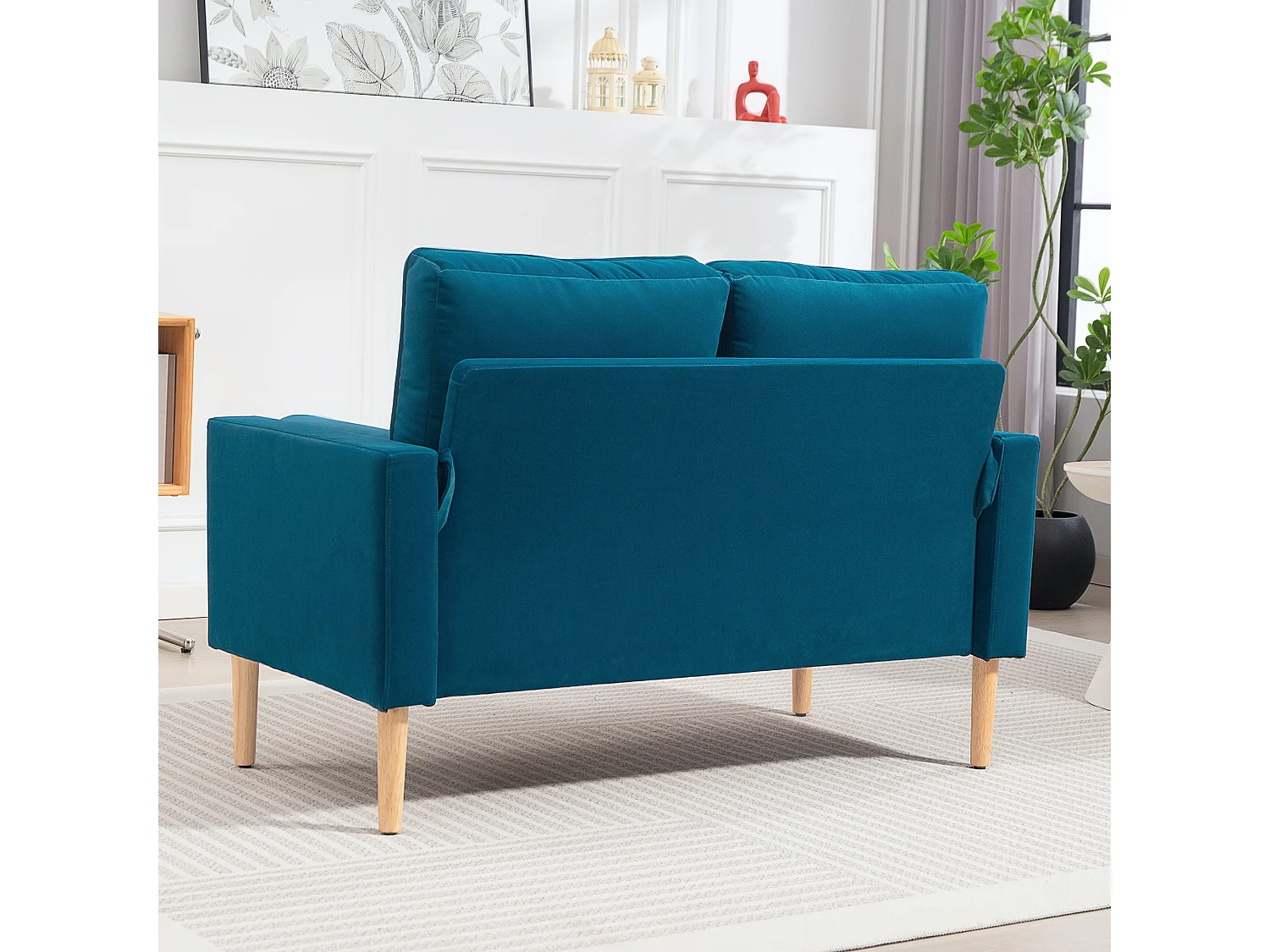 Canapé scandinave 2 places en tissu bleu canard et bois clair