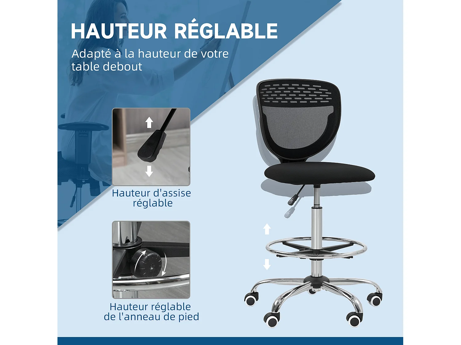 Chaise de bureau haute ergonomique - chaise de travail surélevée - assise haute réglable H.68-88 cm - noir
