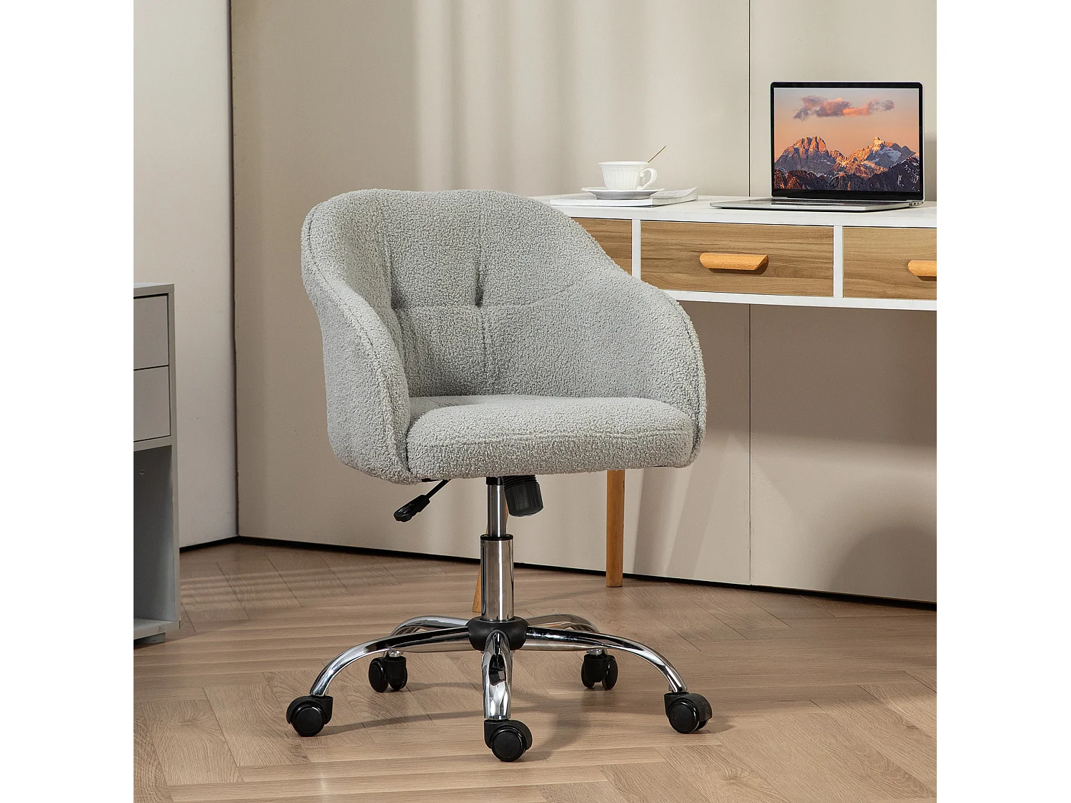Chaise de bureau tissu bouclette design hauteur réglable pivotante piètement acier gris