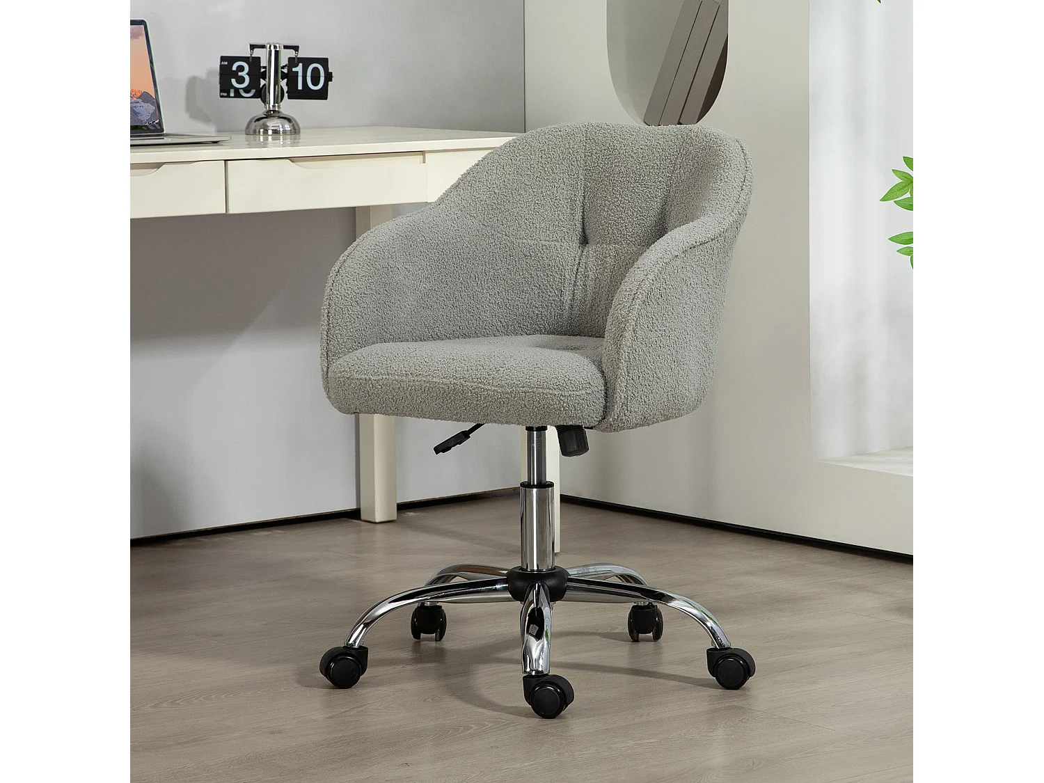 Chaise de bureau tissu bouclette design hauteur réglable pivotante piètement acier gris