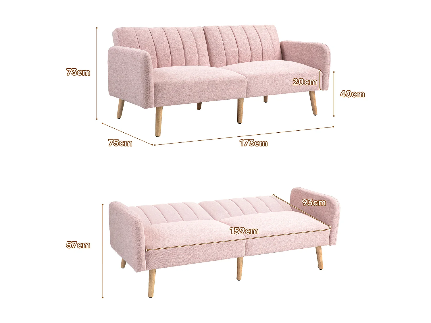 Canapé convertible 2 places design scandinave dossier inclinable 3 positions pieds bois tissu aspect lin rose