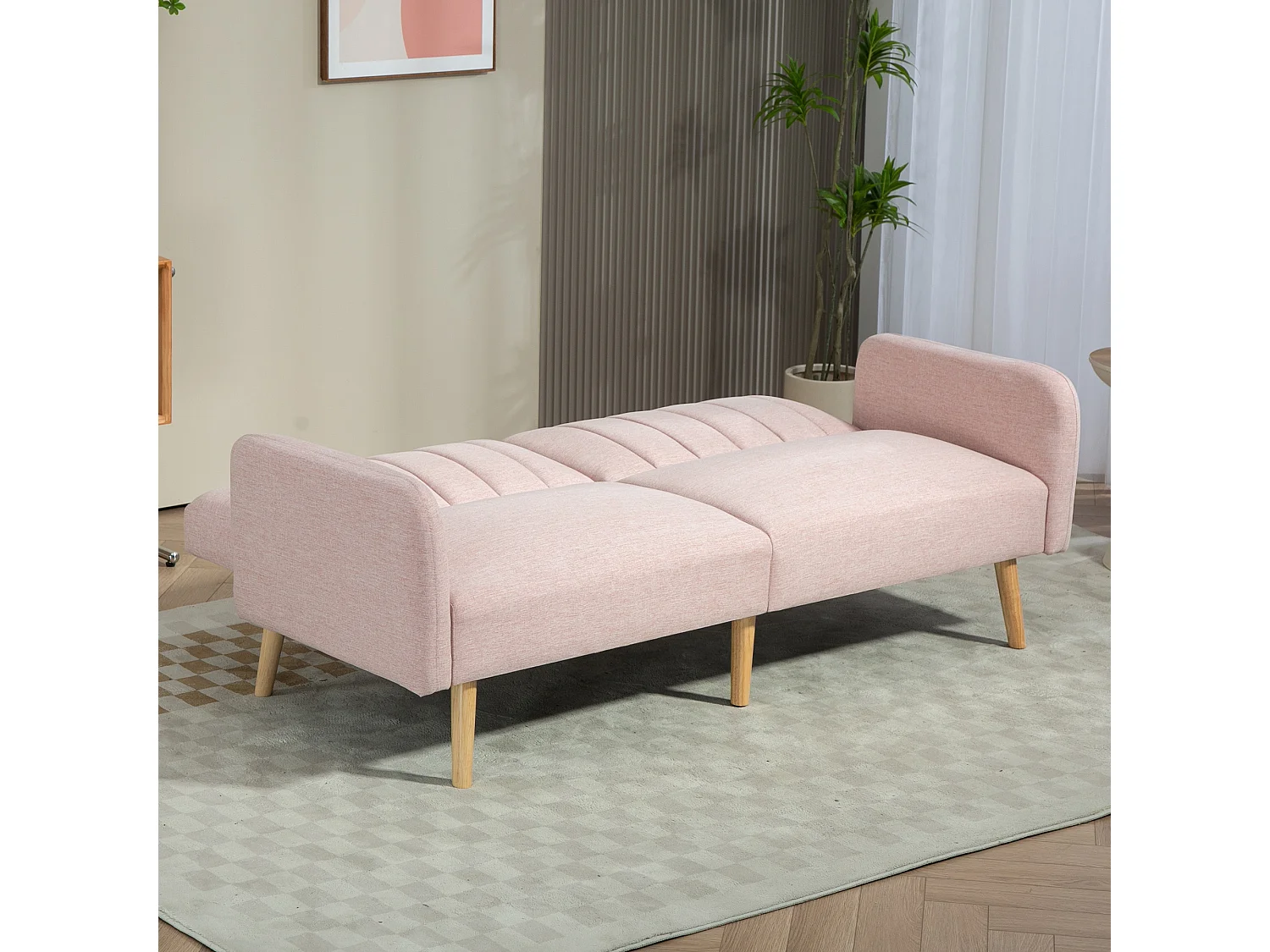 Canapé convertible 2 places design scandinave dossier inclinable 3 positions pieds bois tissu aspect lin rose