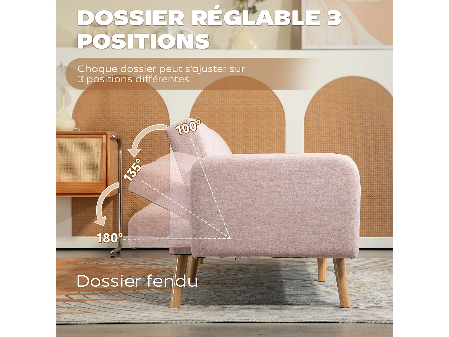 Canapé convertible 2 places design scandinave dossier inclinable 3 positions pieds bois tissu aspect lin rose