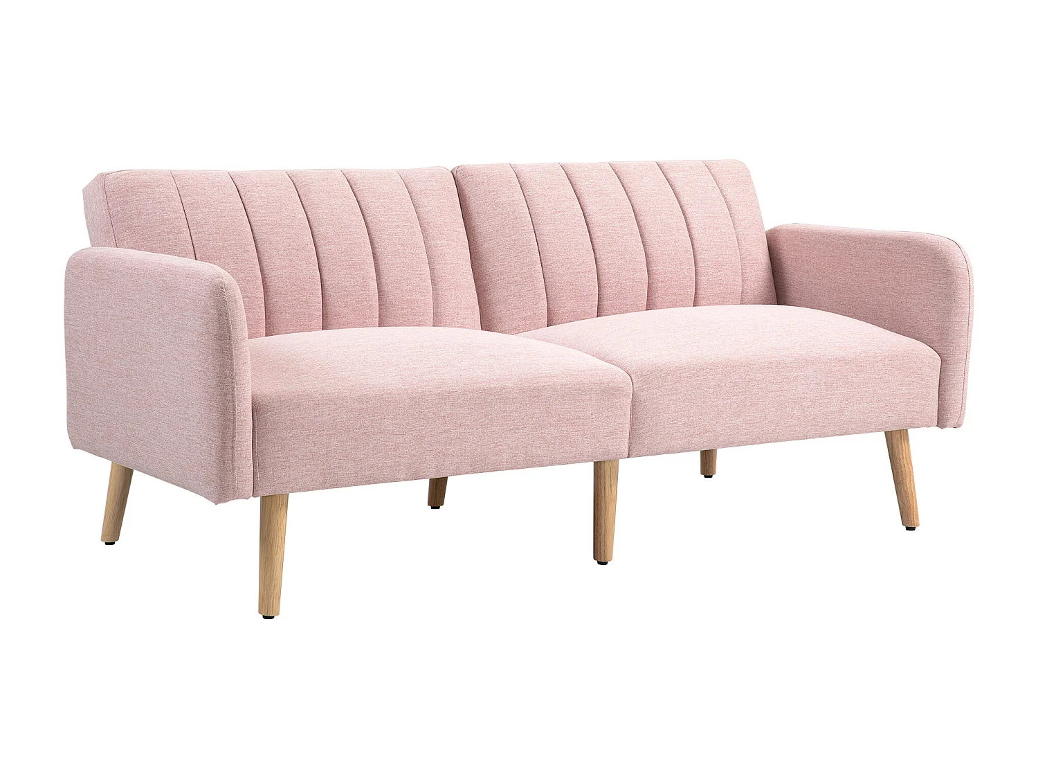 Canapé convertible 2 places design scandinave dossier inclinable 3 positions pieds bois tissu aspect lin rose