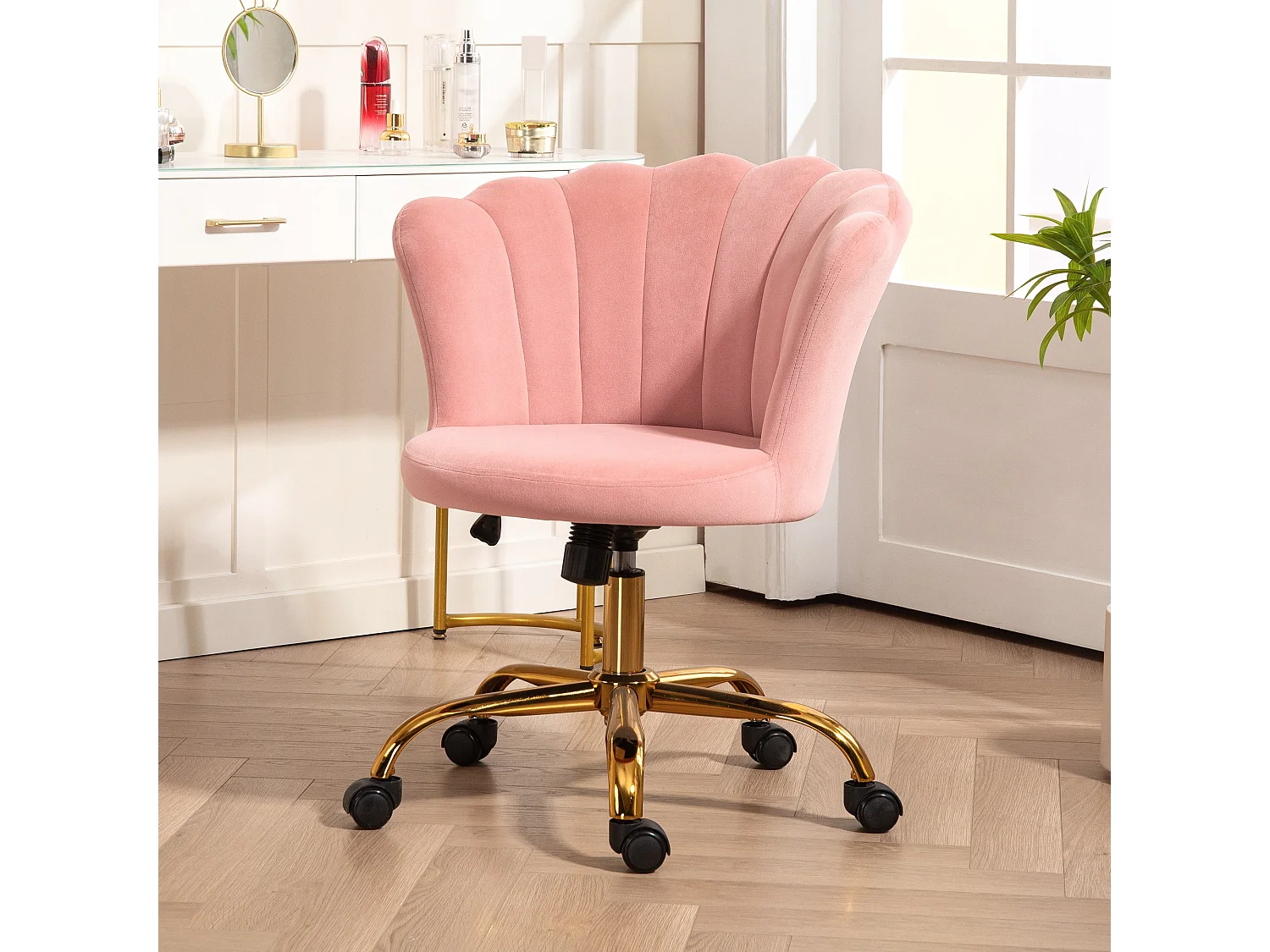 Chaise bureau velours design coquillage piètement acier doré rose poudré