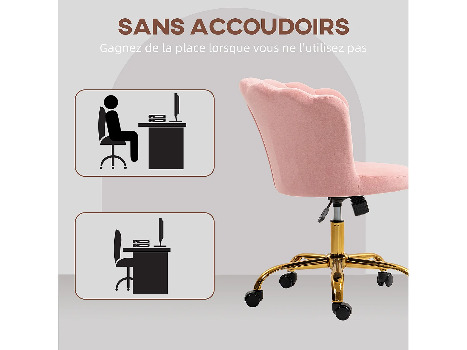 Chaise bureau velours design coquillage piètement acier doré rose poudré