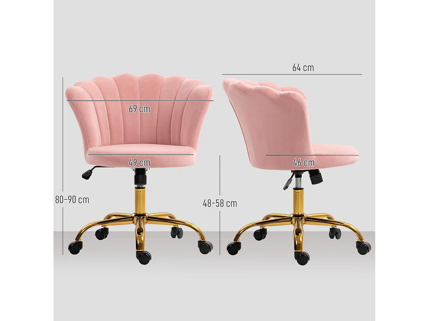 Chaise bureau velours design coquillage piètement acier doré rose poudré