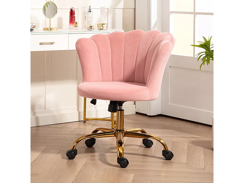 Chaise bureau velours design coquillage piètement acier doré rose poudré