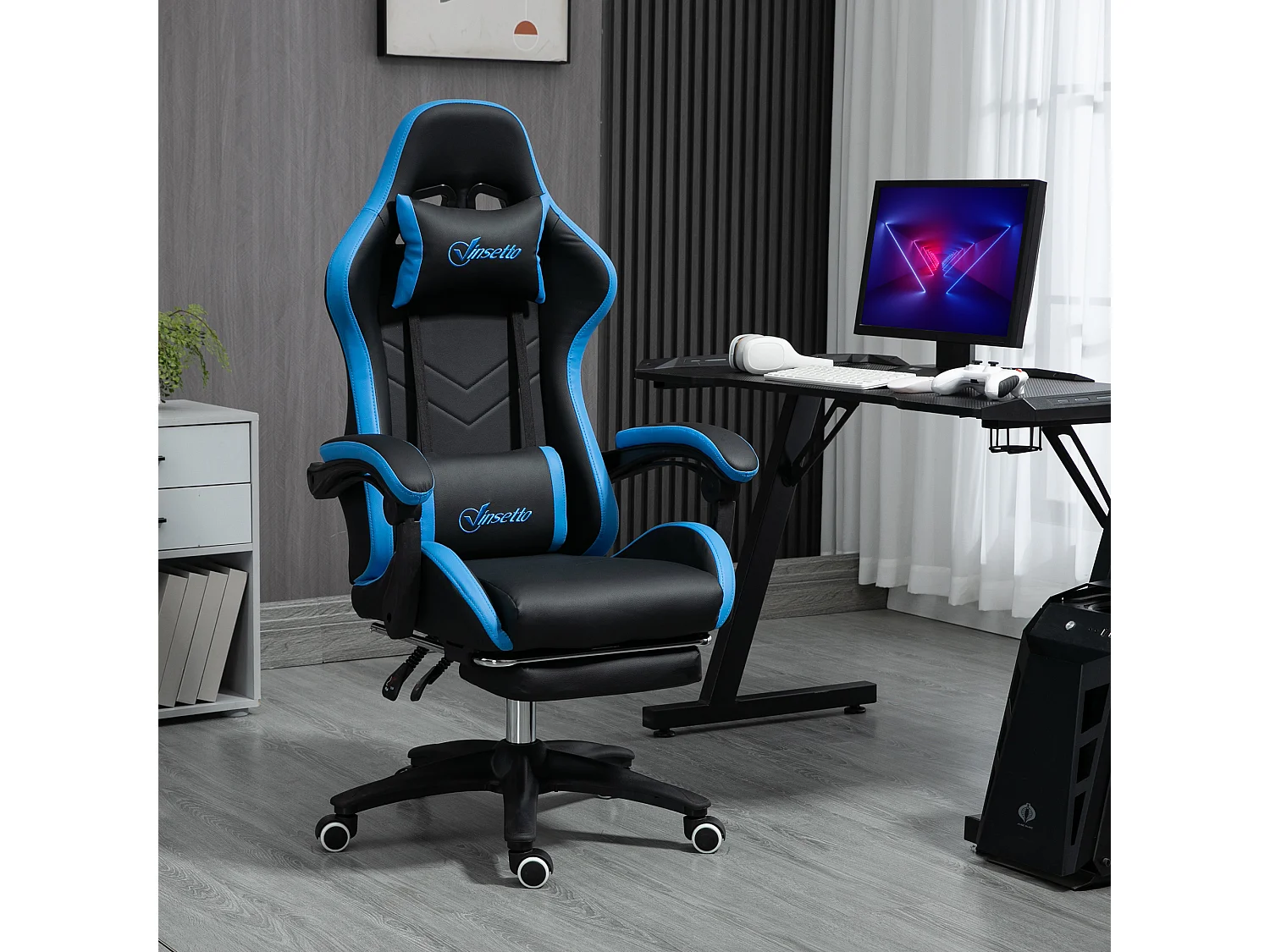 Chaise gaming - chaise de bureau gamer inclinable réglable repose-pieds rétractable coussins synthétique noir bleu