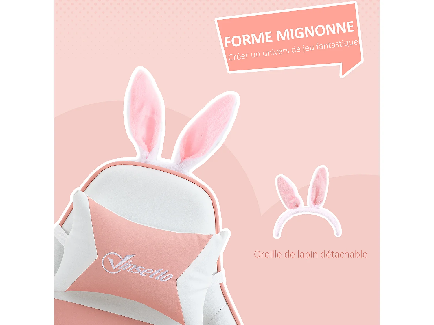 Chaise gaming fauteuil gamer inclinable réglable repose-pied rétractable oreilles de lapin amovibles rose blanc
