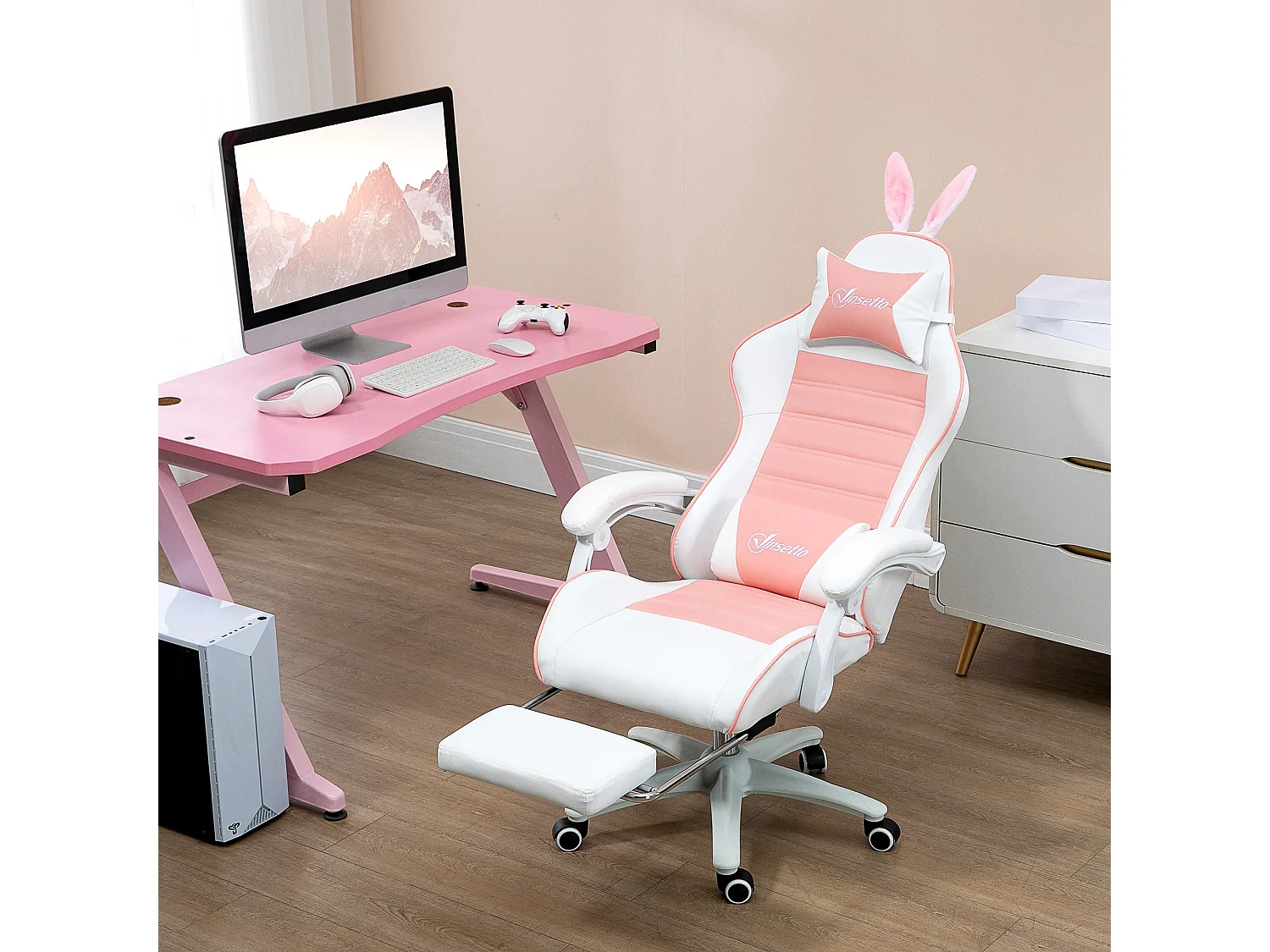 Chaise gaming fauteuil gamer inclinable réglable repose-pied rétractable oreilles de lapin amovibles rose blanc