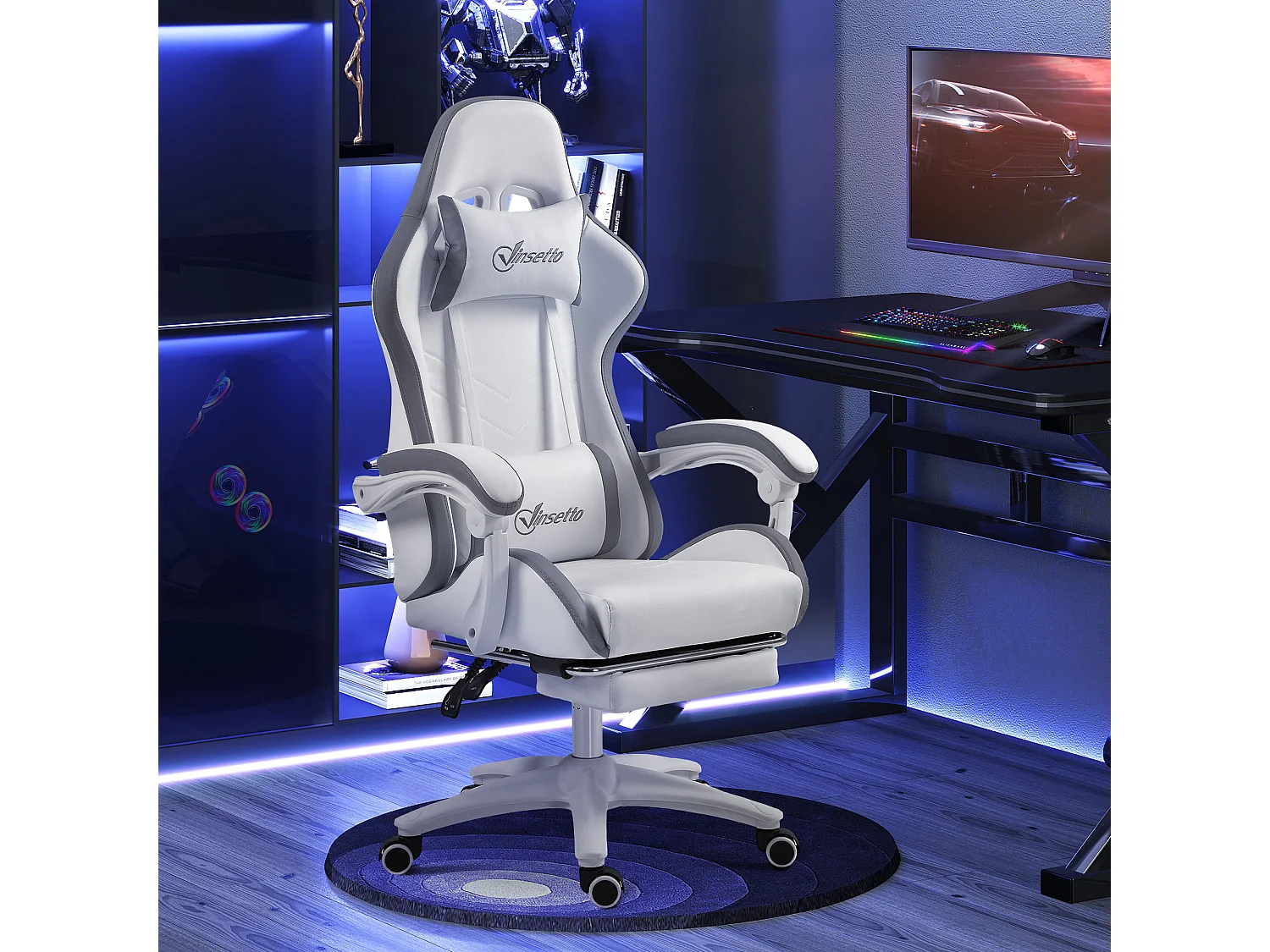 Chaise de bureau gaming - inclinable, pivotant, réglable - coussins lombaires têtière inclus - gris blanc