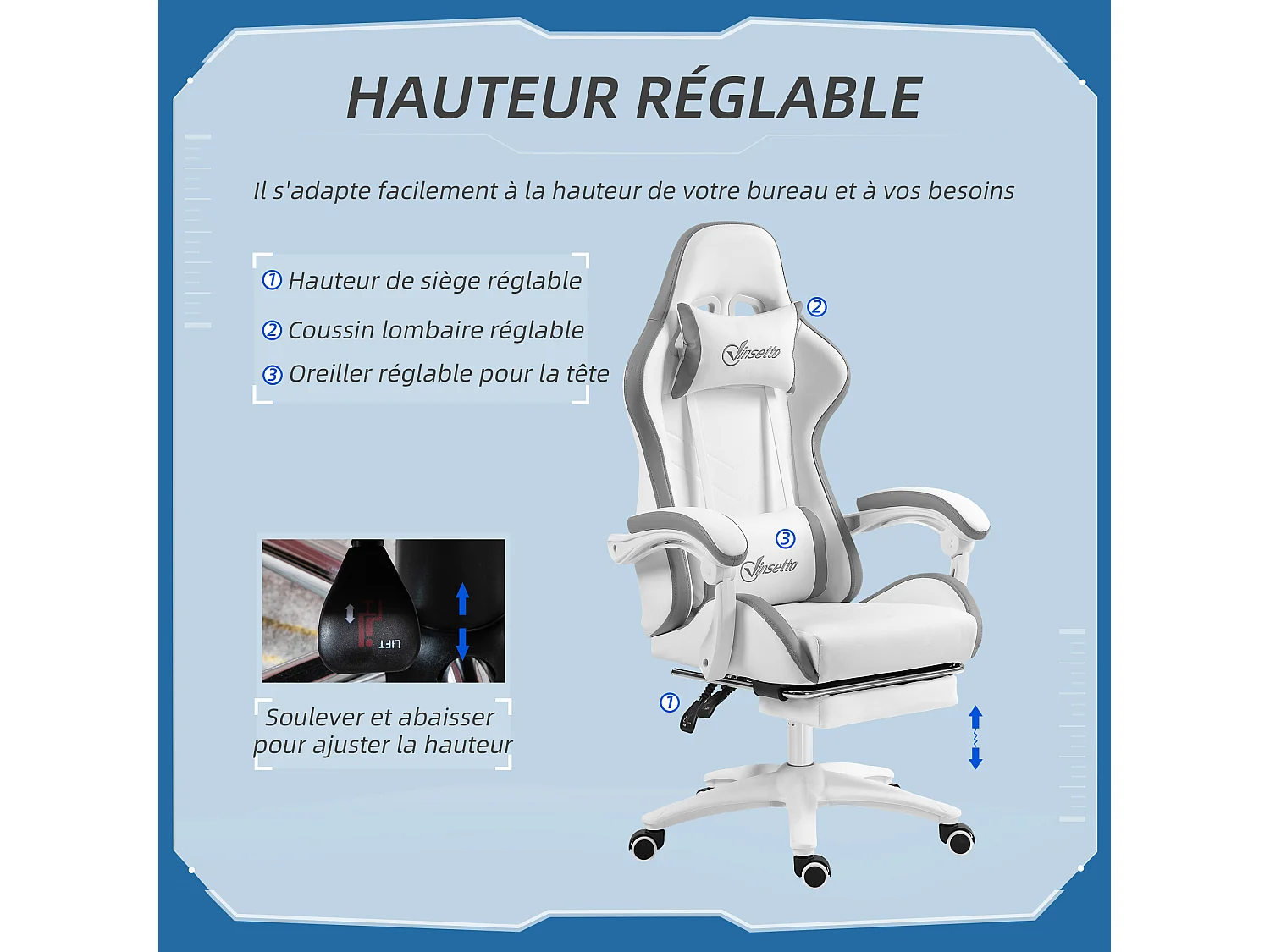 Chaise de bureau gaming - inclinable, pivotant, réglable - coussins lombaires têtière inclus - gris blanc