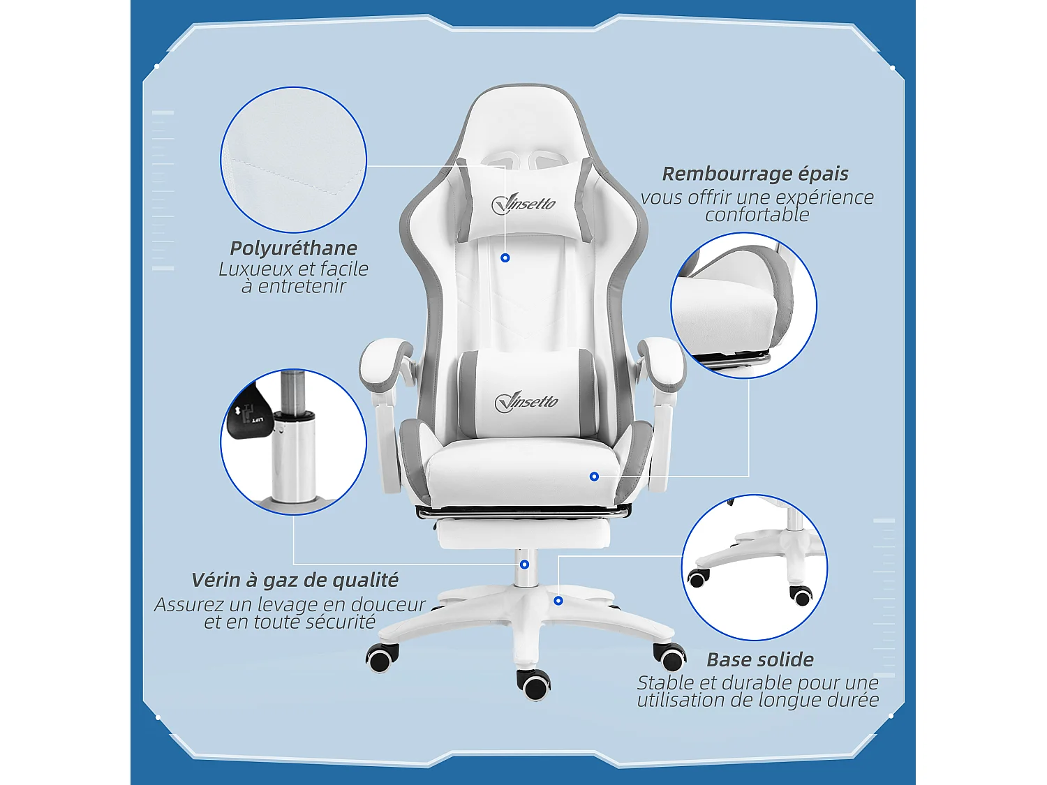 Chaise de bureau gaming - inclinable, pivotant, réglable - coussins lombaires têtière inclus - gris blanc