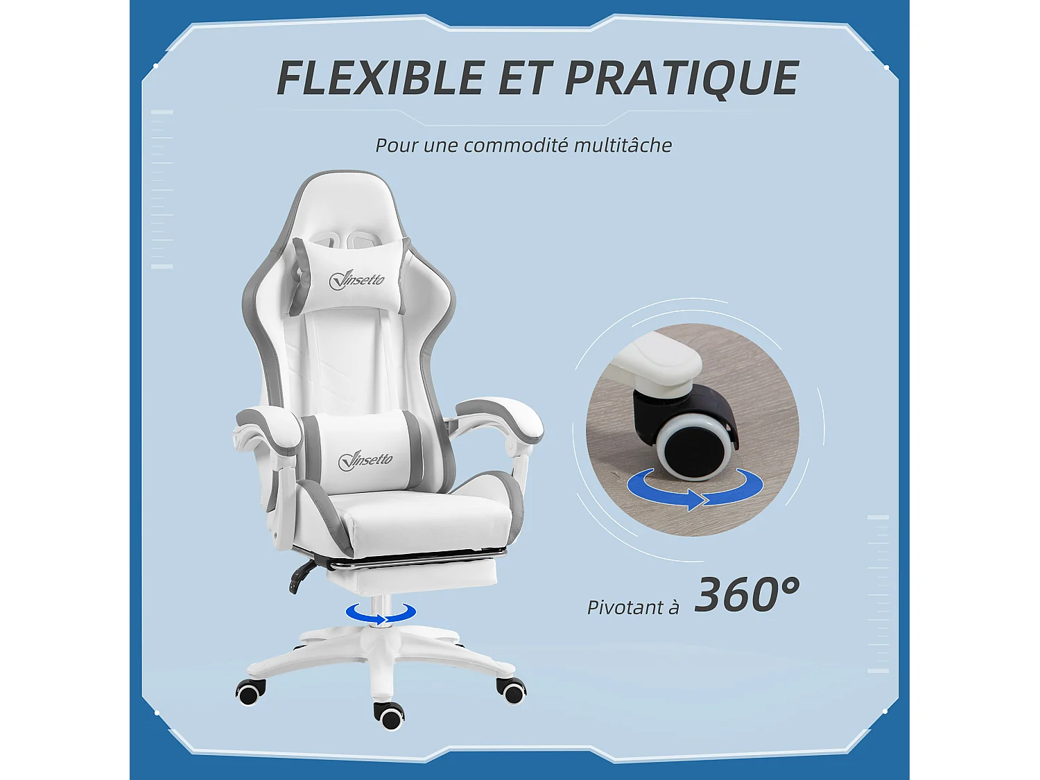 Chaise de bureau gaming - inclinable, pivotant, réglable - coussins lombaires têtière inclus - gris blanc