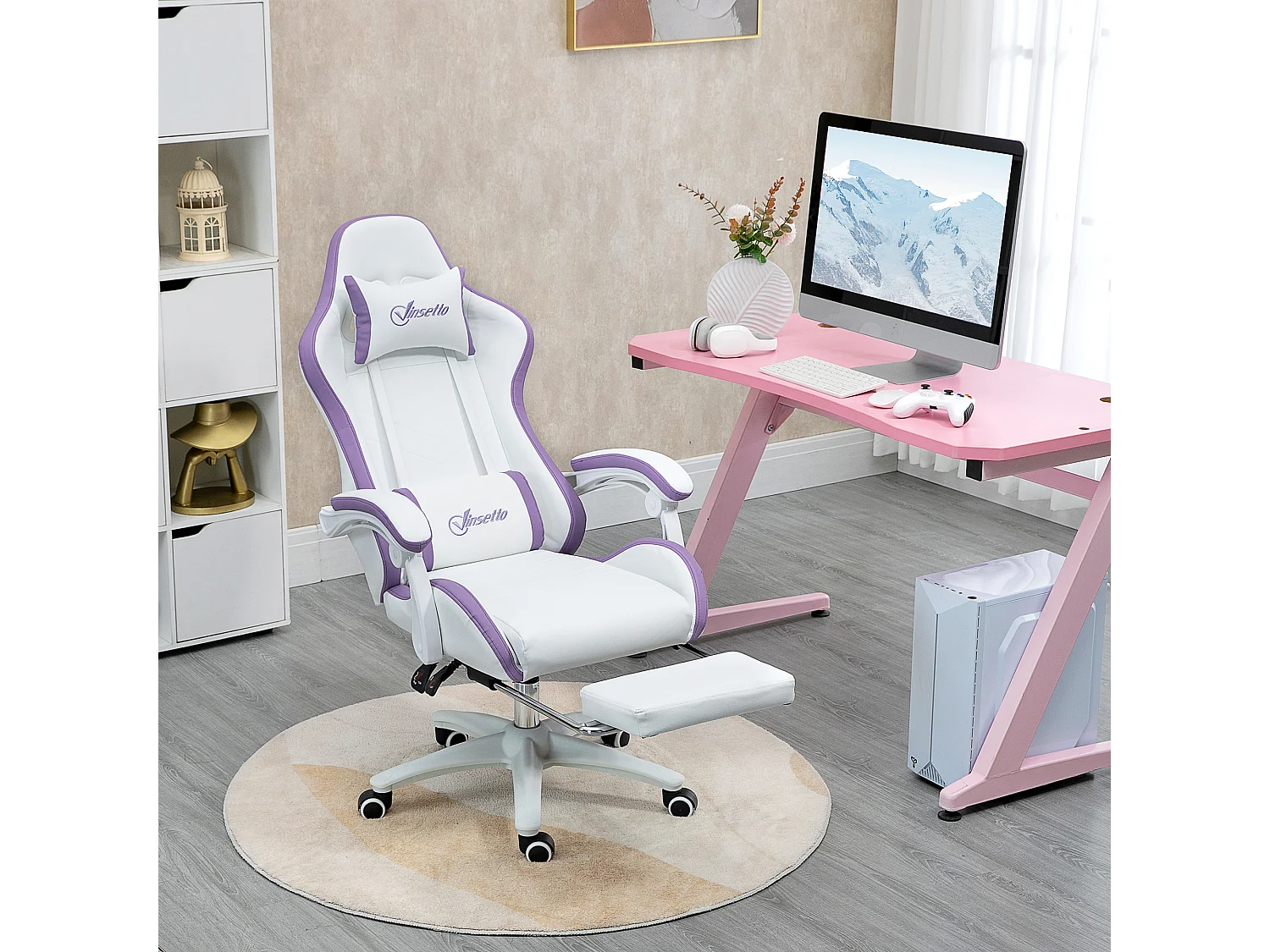 Chaise de bureau gaming - inclinable, pivotant, réglable - coussins lombaires têtière inclus - mauve blanc