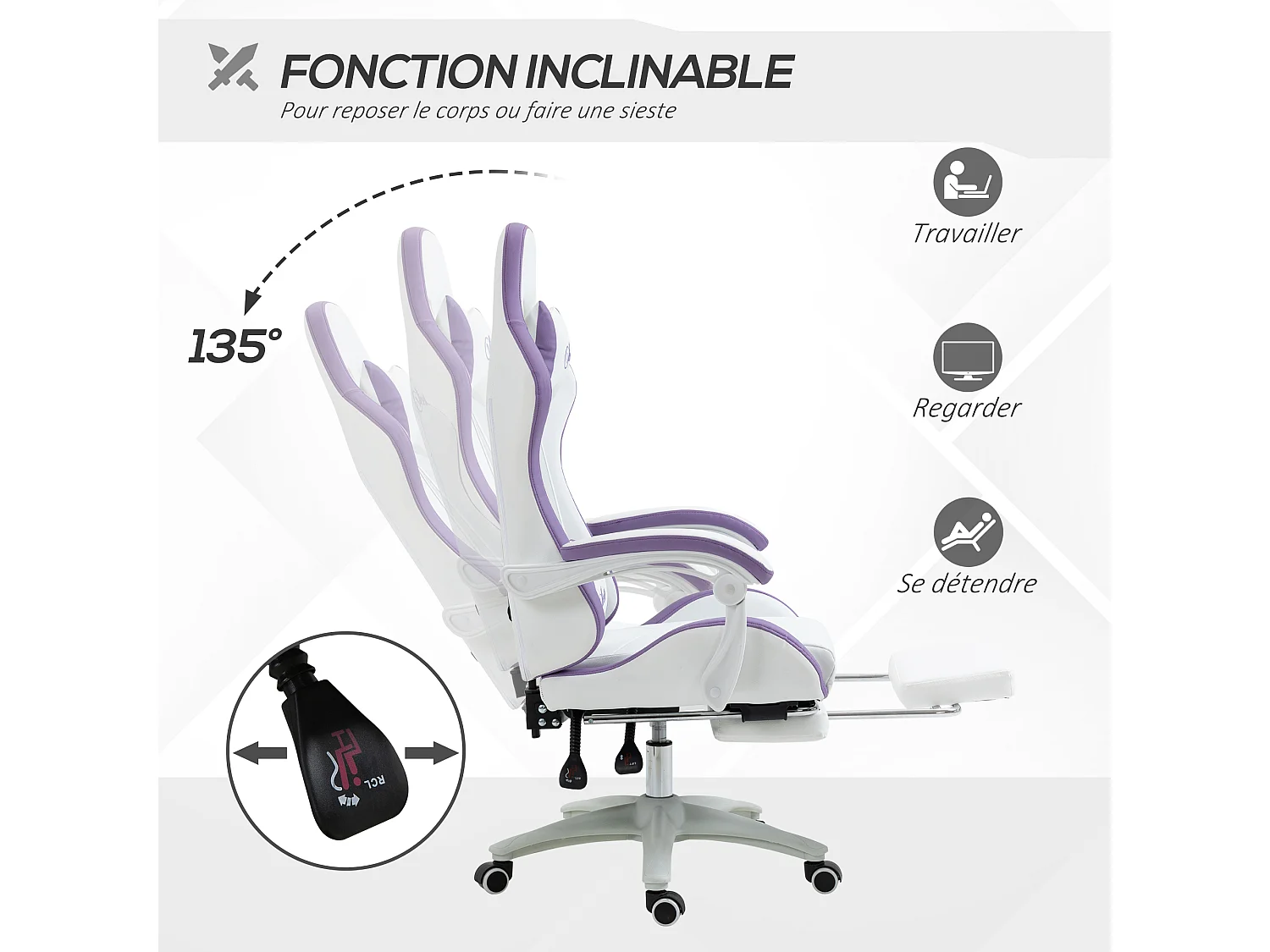 Chaise de bureau gaming - inclinable, pivotant, réglable - coussins lombaires têtière inclus - mauve blanc