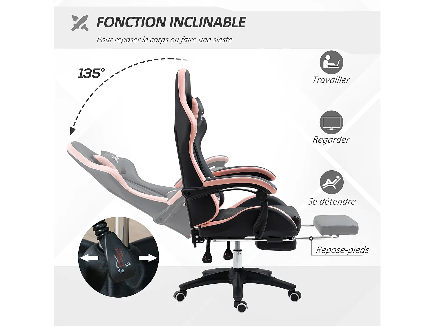 Chaise gaming - chaise de bureau gamer inclinable réglable repose-pieds rétractable coussins synthétique noir rose
