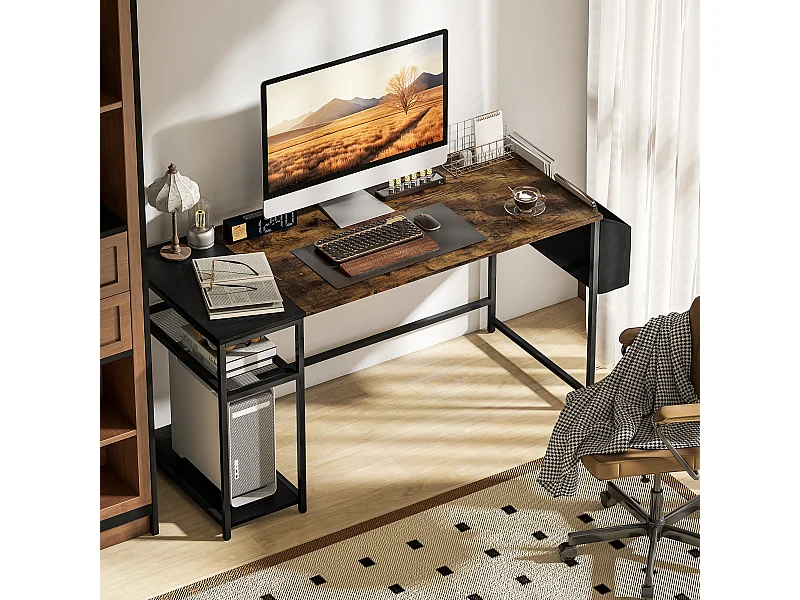 Bureau informatique style industriel dim. 150 x 60 cm - 3 étagères, panier - métal noir effet bois vieilli