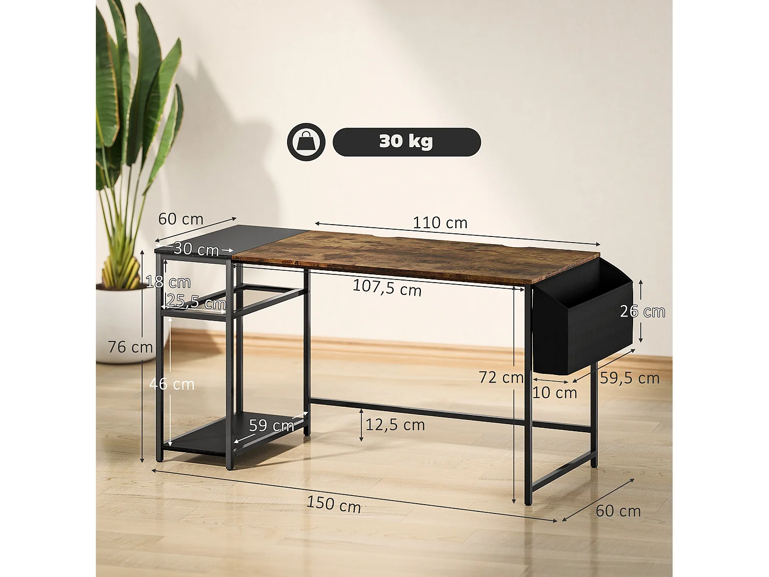 Bureau informatique style industriel dim. 150 x 60 cm - 3 étagères, panier - métal noir effet bois vieilli