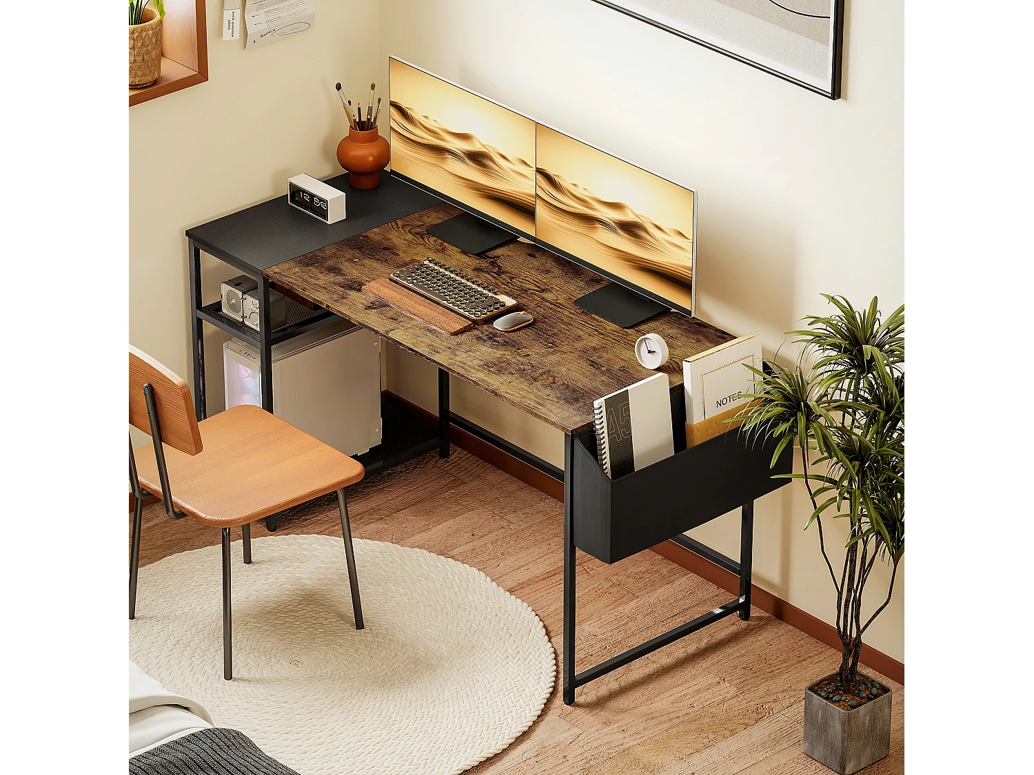 Bureau informatique style industriel dim. 150 x 60 cm - 3 étagères, panier - métal noir effet bois vieilli