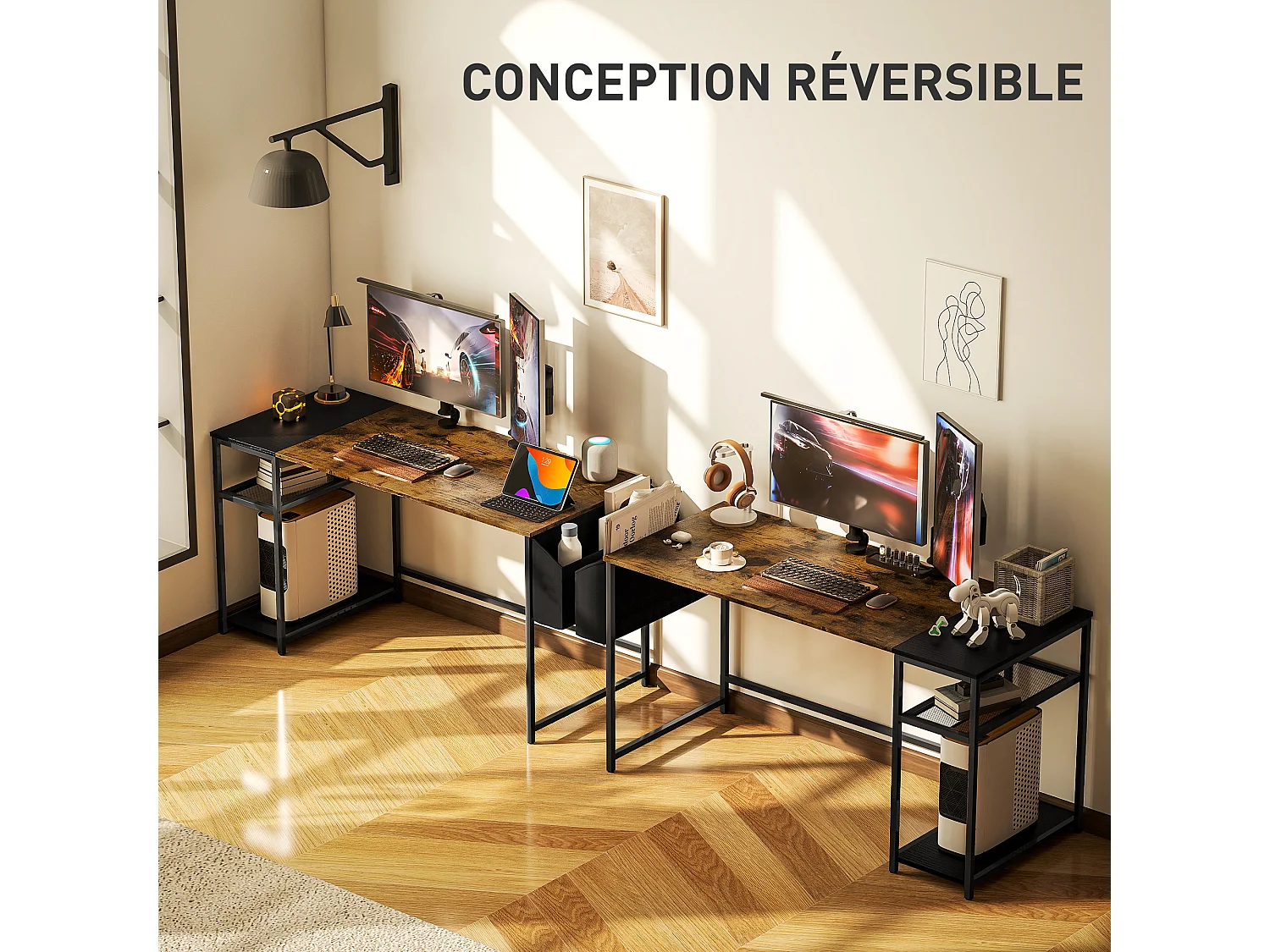 Bureau informatique style industriel dim. 150 x 60 cm - 3 étagères, panier - métal noir effet bois vieilli