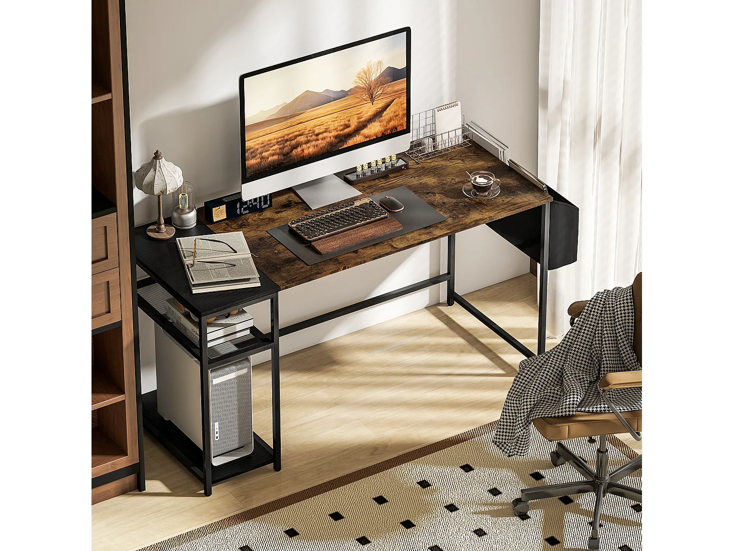 Bureau informatique style industriel dim. 150 x 60 cm - 3 étagères, panier - métal noir effet bois vieilli
