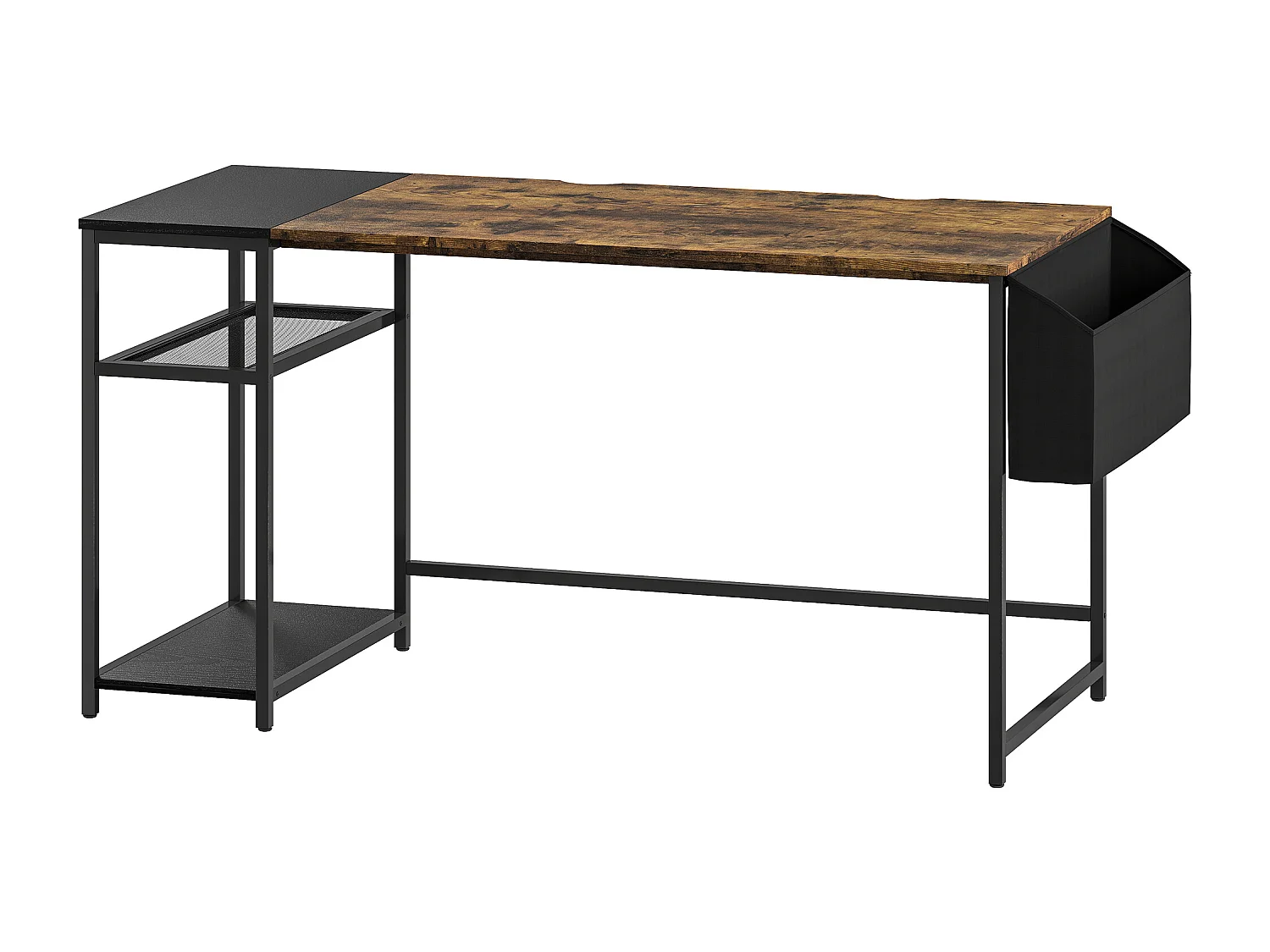 Bureau informatique style industriel dim. 150 x 60 cm - 3 étagères, panier - métal noir effet bois vieilli