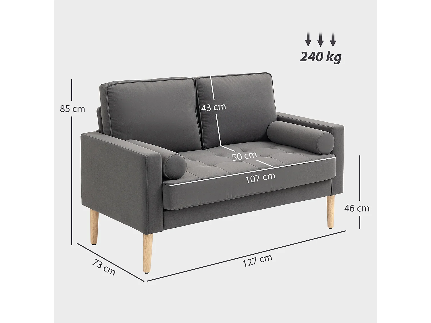 Canapé scandinave 2 places en tissu gris et bois clair