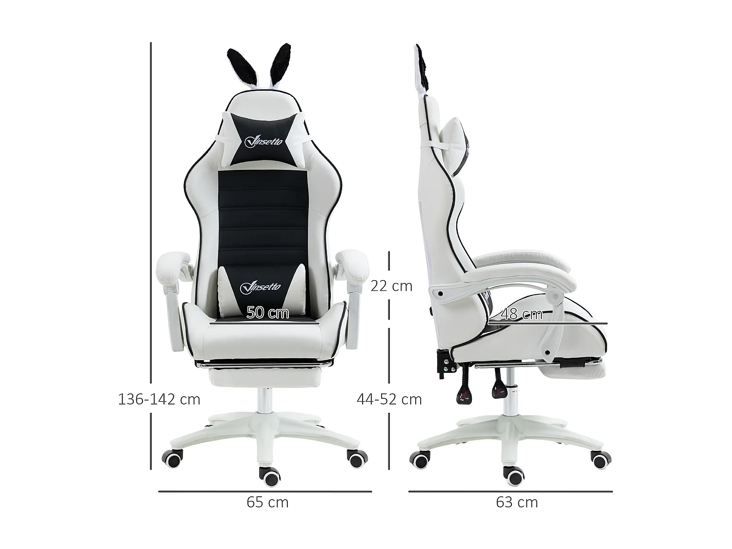 Chaise gaming fauteuil gamer inclinable réglable repose-pied rétractable oreilles de lapin amovibles noir blanc