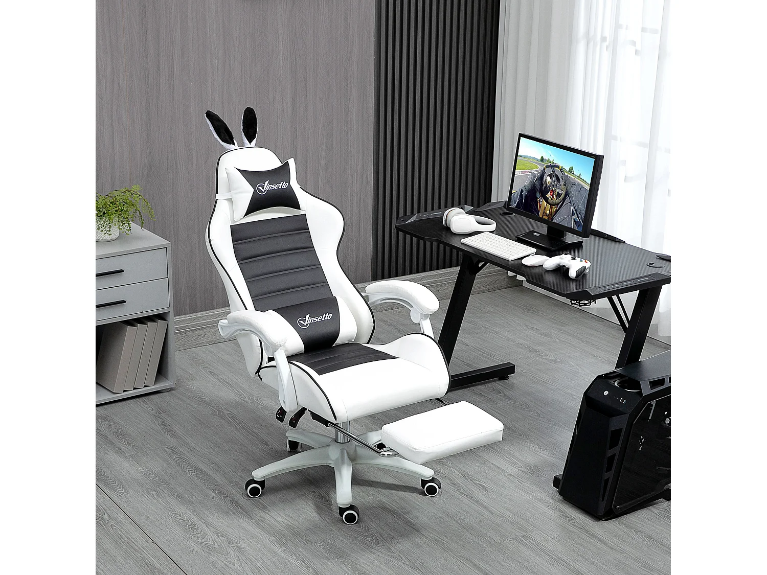 Chaise gaming fauteuil gamer inclinable réglable repose-pied rétractable oreilles de lapin amovibles noir blanc