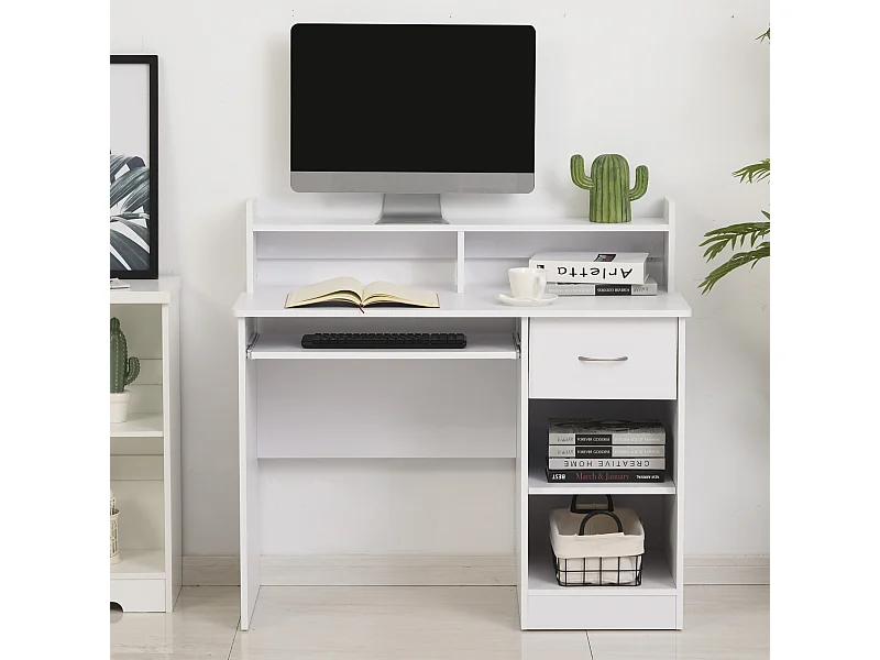 Bureau informatique multimédia multi-rangements panneaux particules blanc