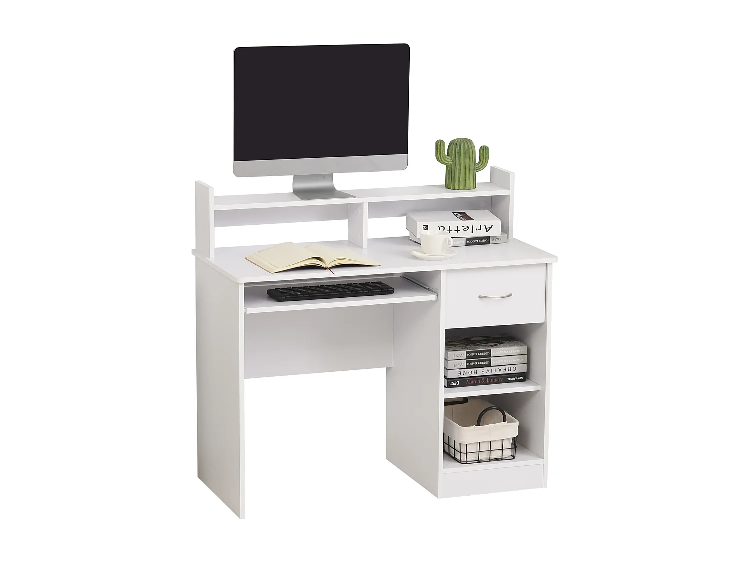 Bureau informatique multimédia multi-rangements panneaux particules blanc