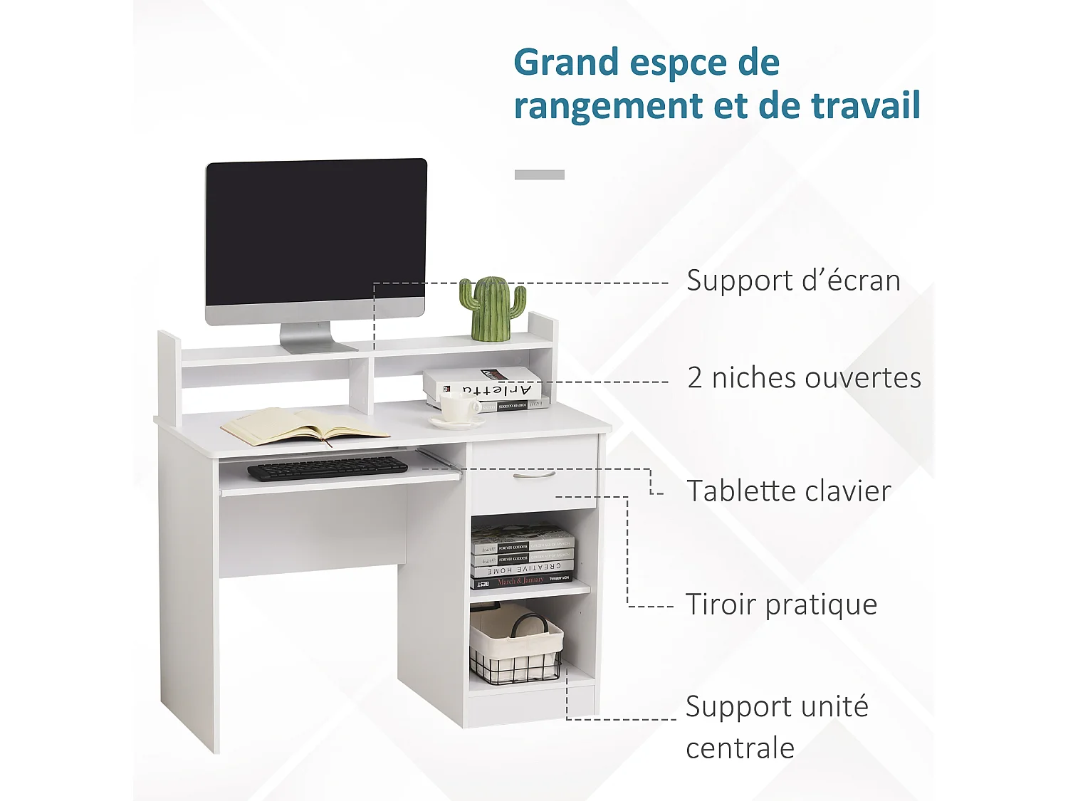 Bureau informatique multimédia multi-rangements panneaux particules blanc